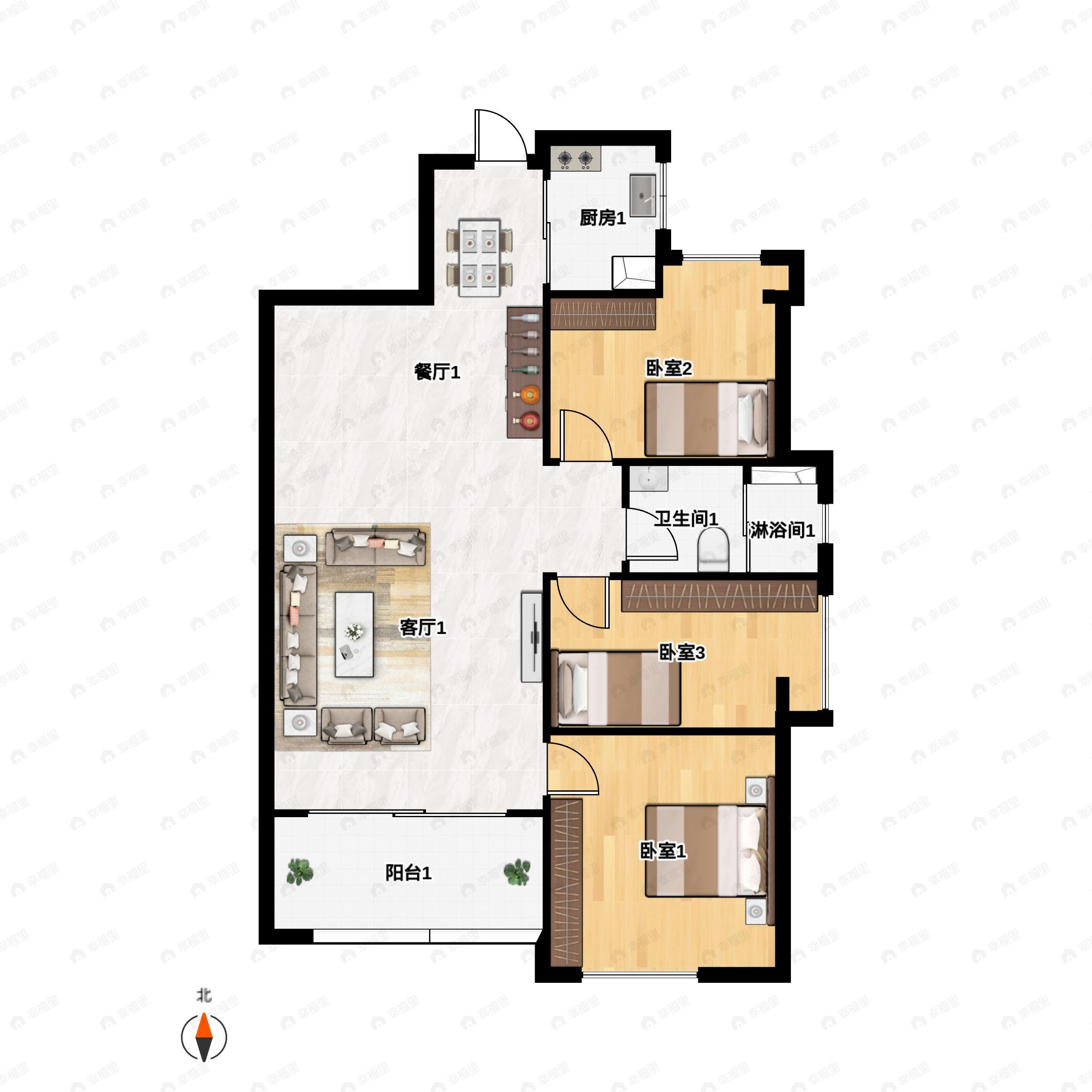 3室2厅1卫建面98m²南户型图