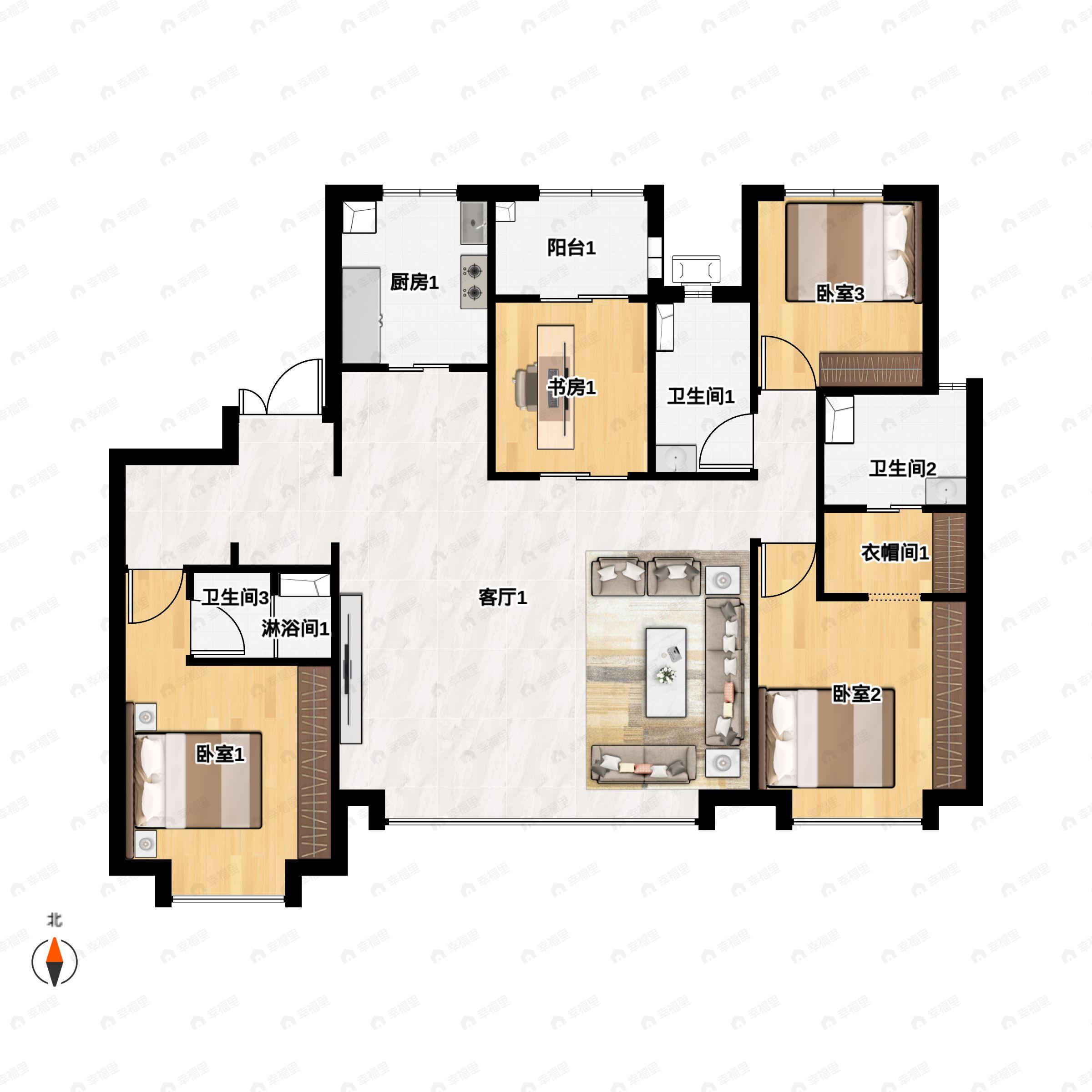 4室2厅3卫建面185m²南户型图