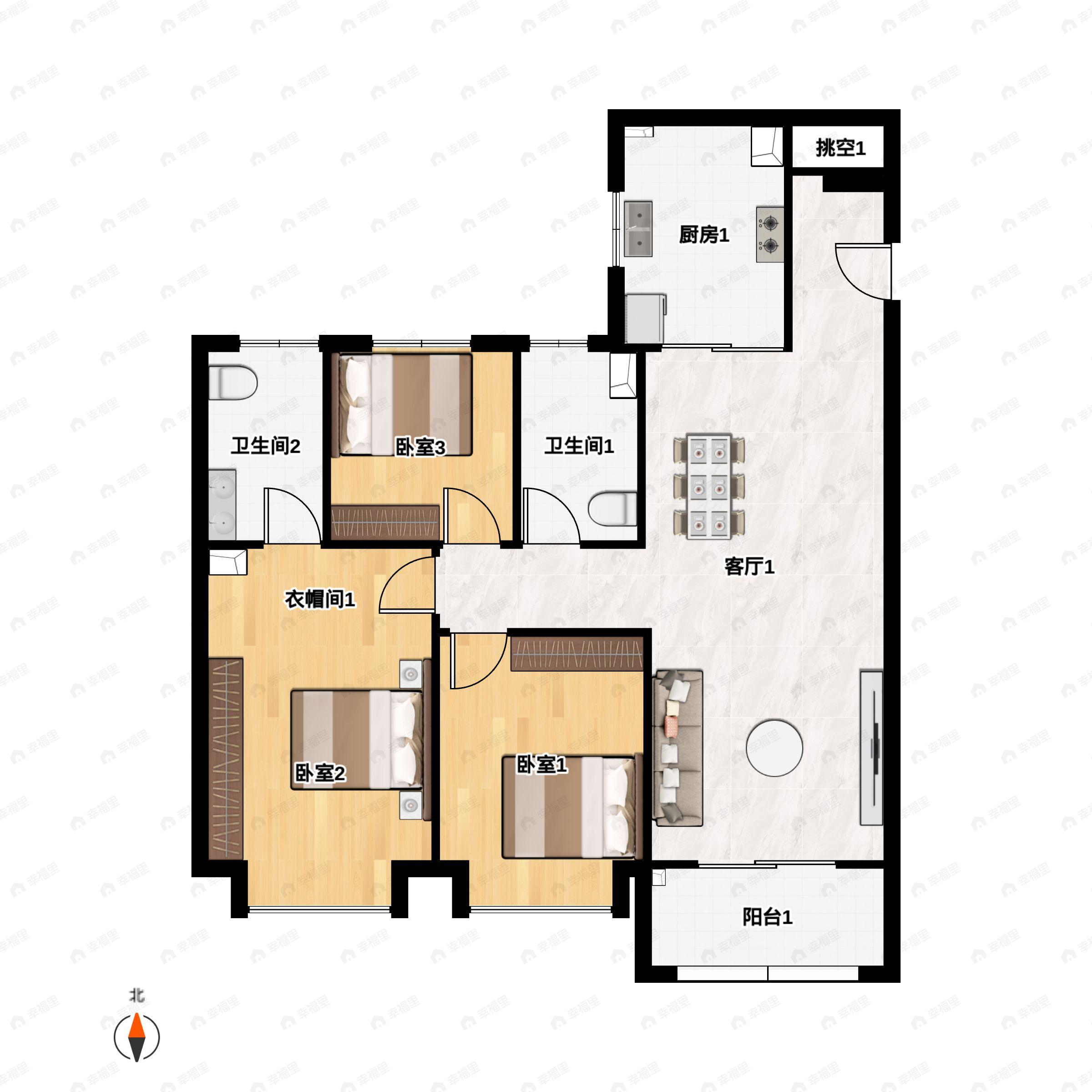 3室2厅2卫建面116平南户型图