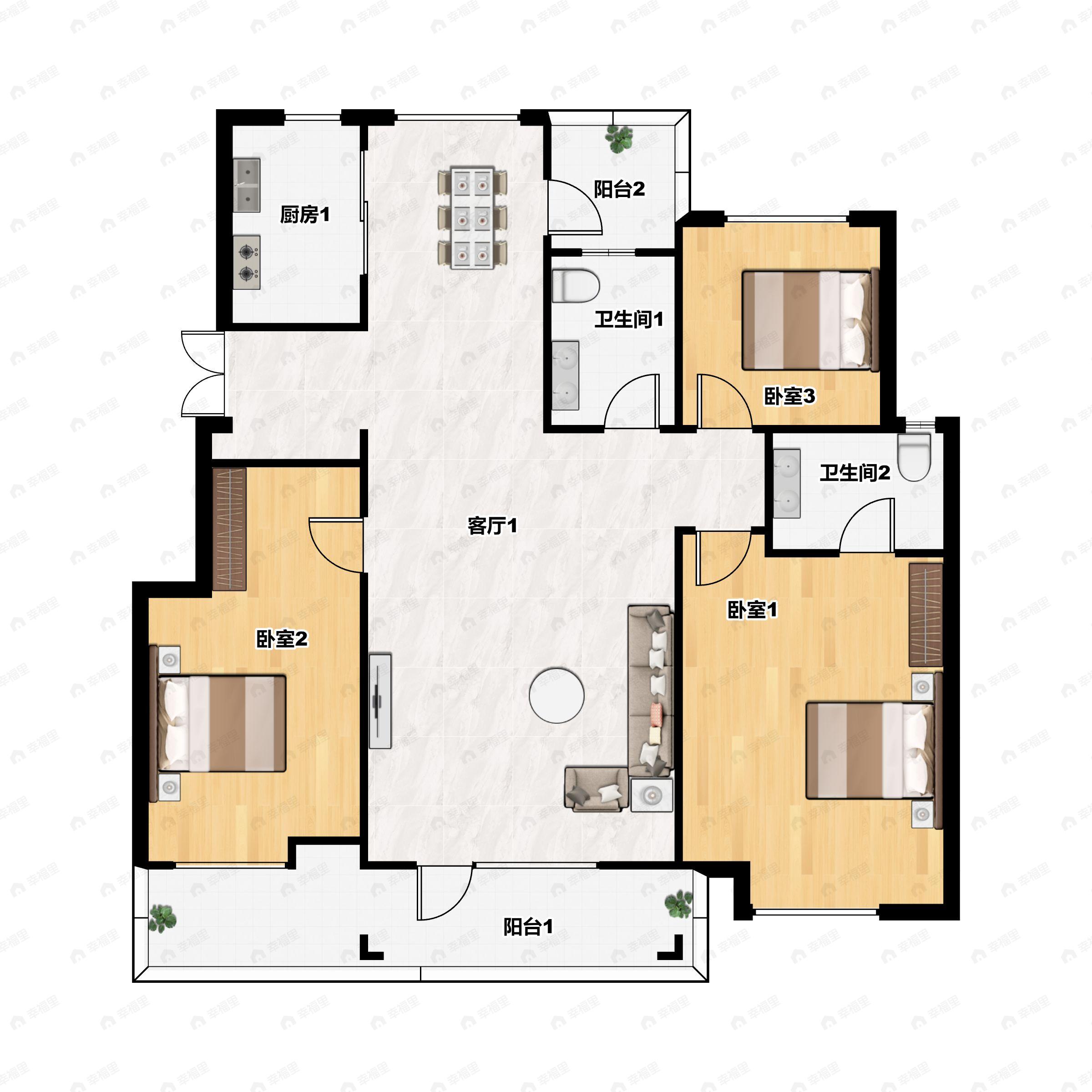 3室2厅2卫建面129平南户型图