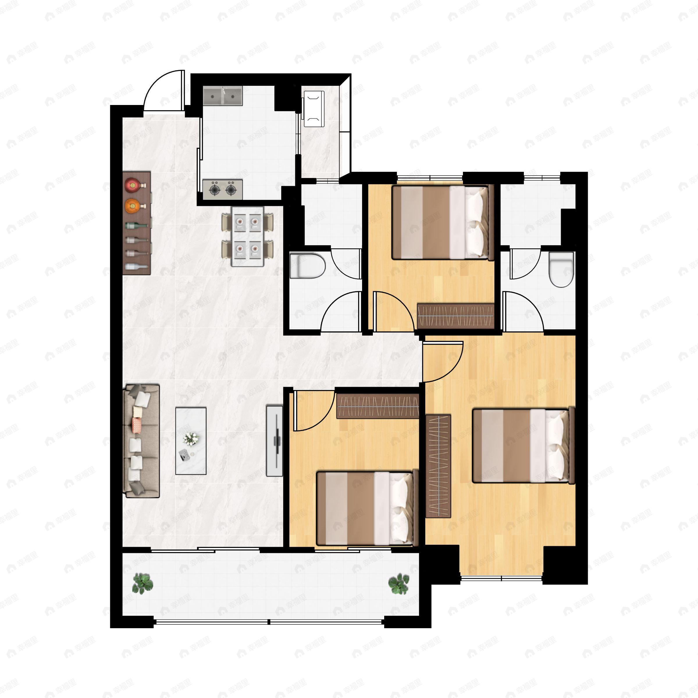 3室2厅2卫建面120m²南户型图