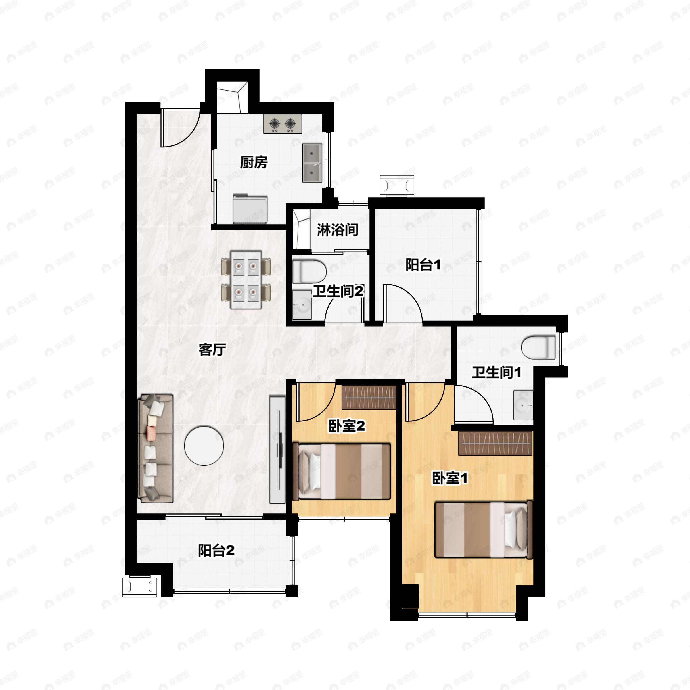 2室2厅2卫建面83m²南户型图