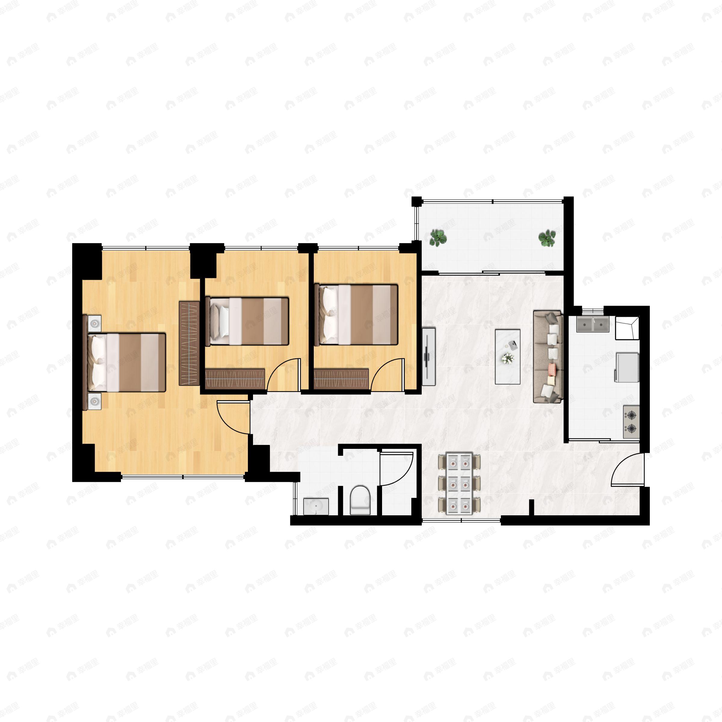 3室2厅1卫建面80平户型图