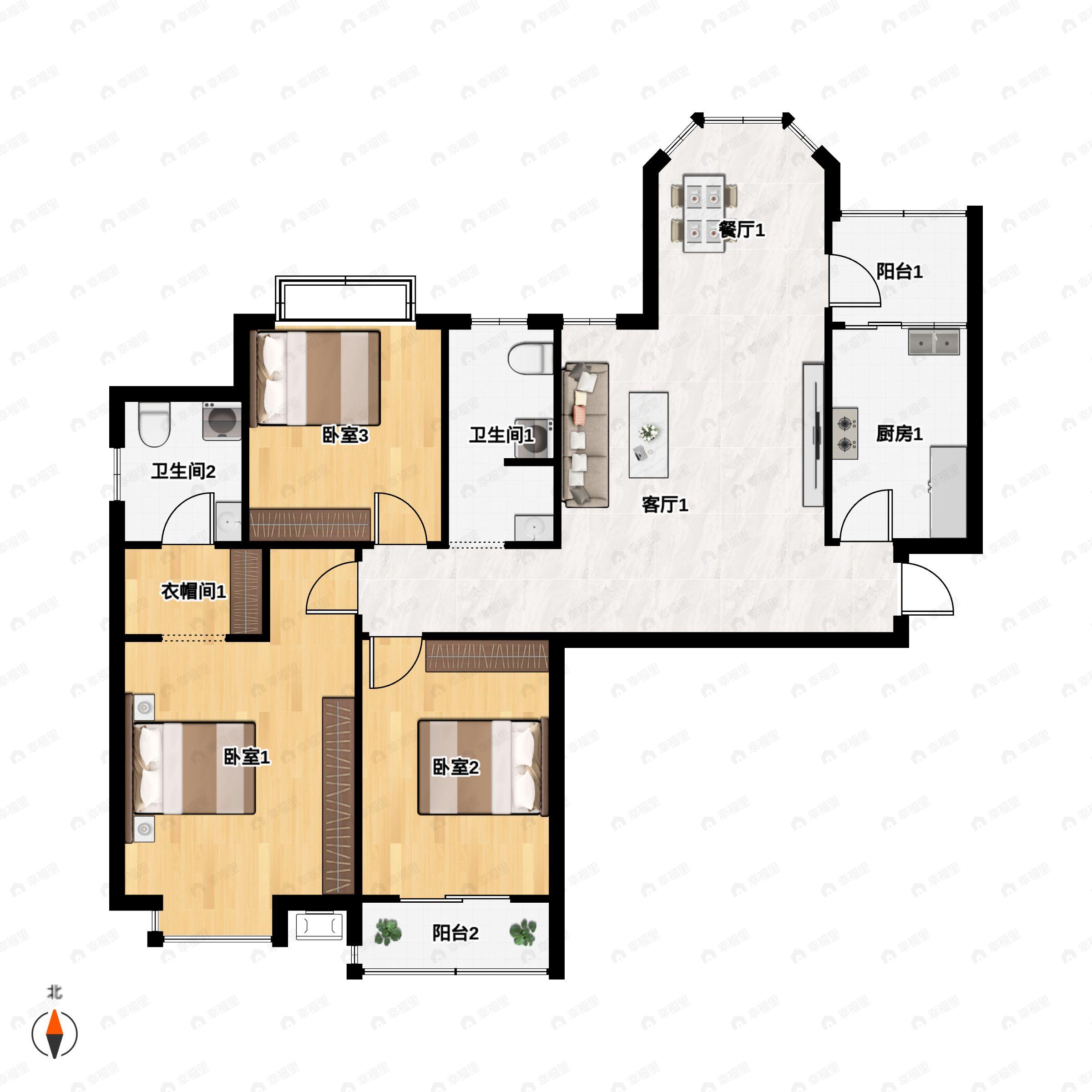 3室2厅2卫建面135平北|西|南户型图