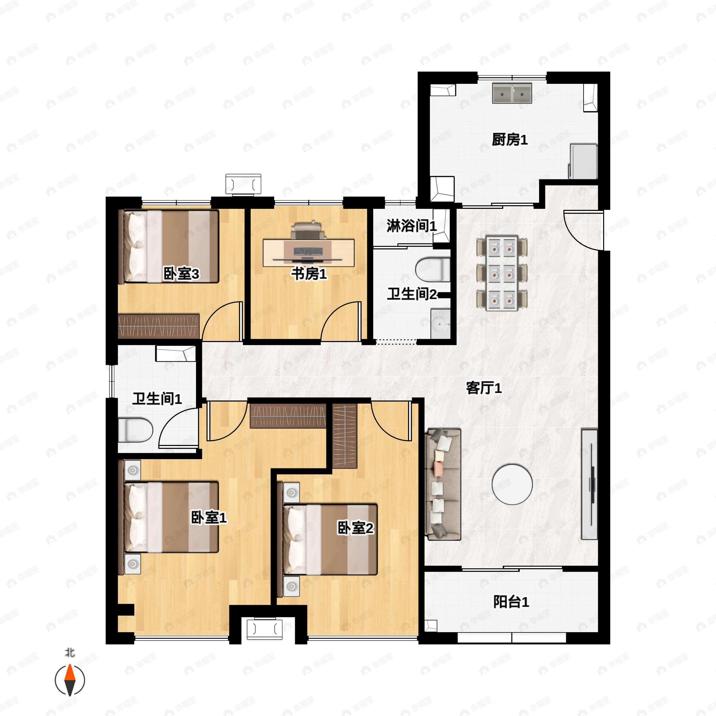 4室2厅2卫建面135平南户型图
