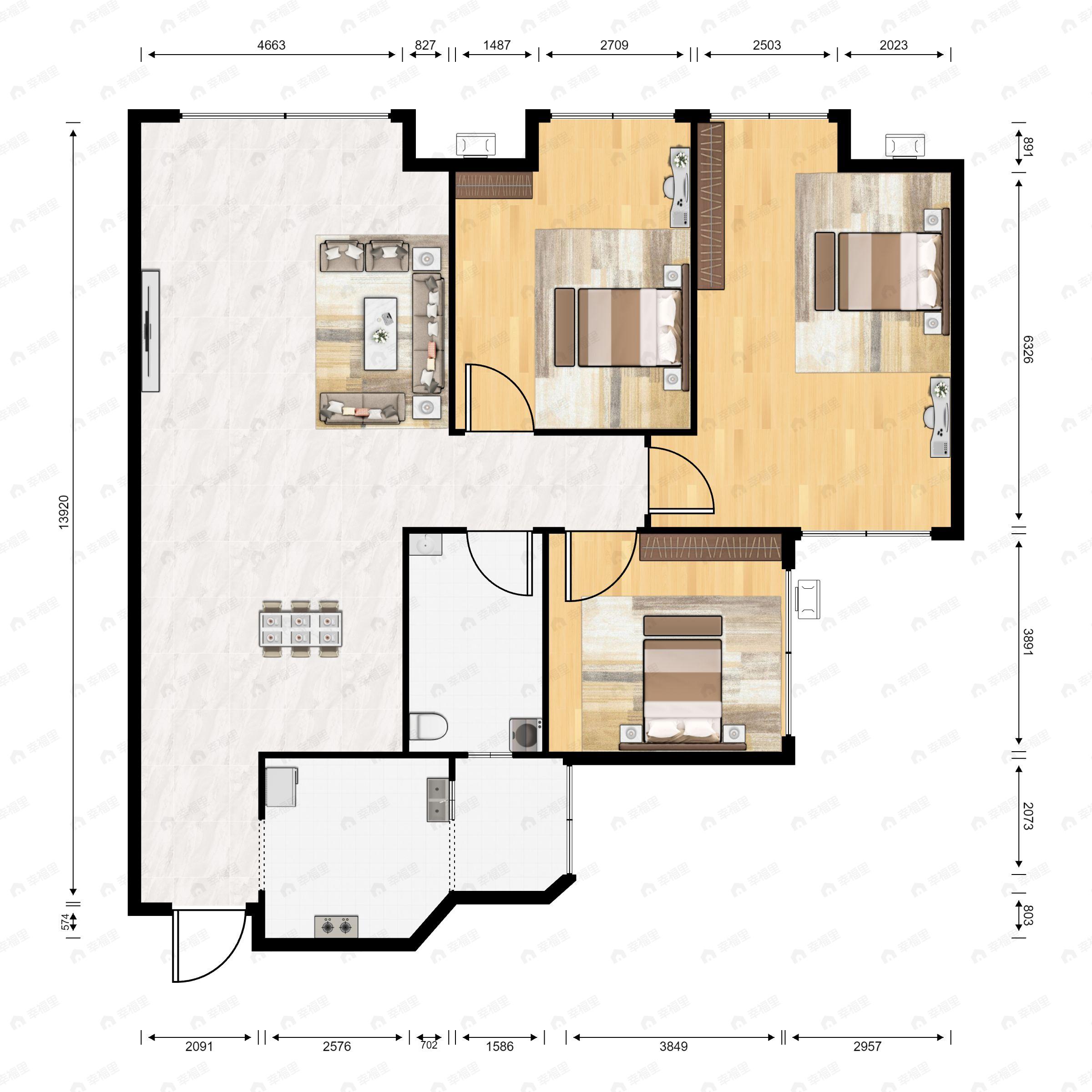 3室2厅1卫建面91平户型图