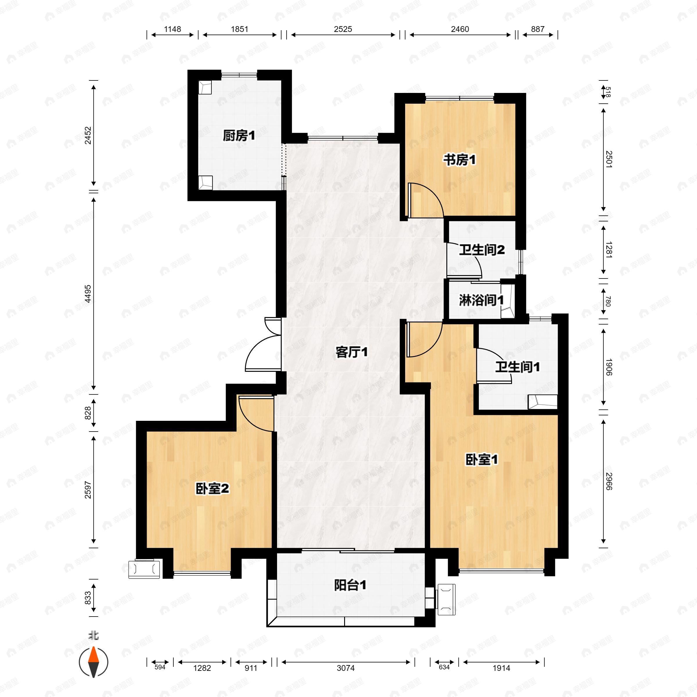 3室2厅2卫建面120平南户型图