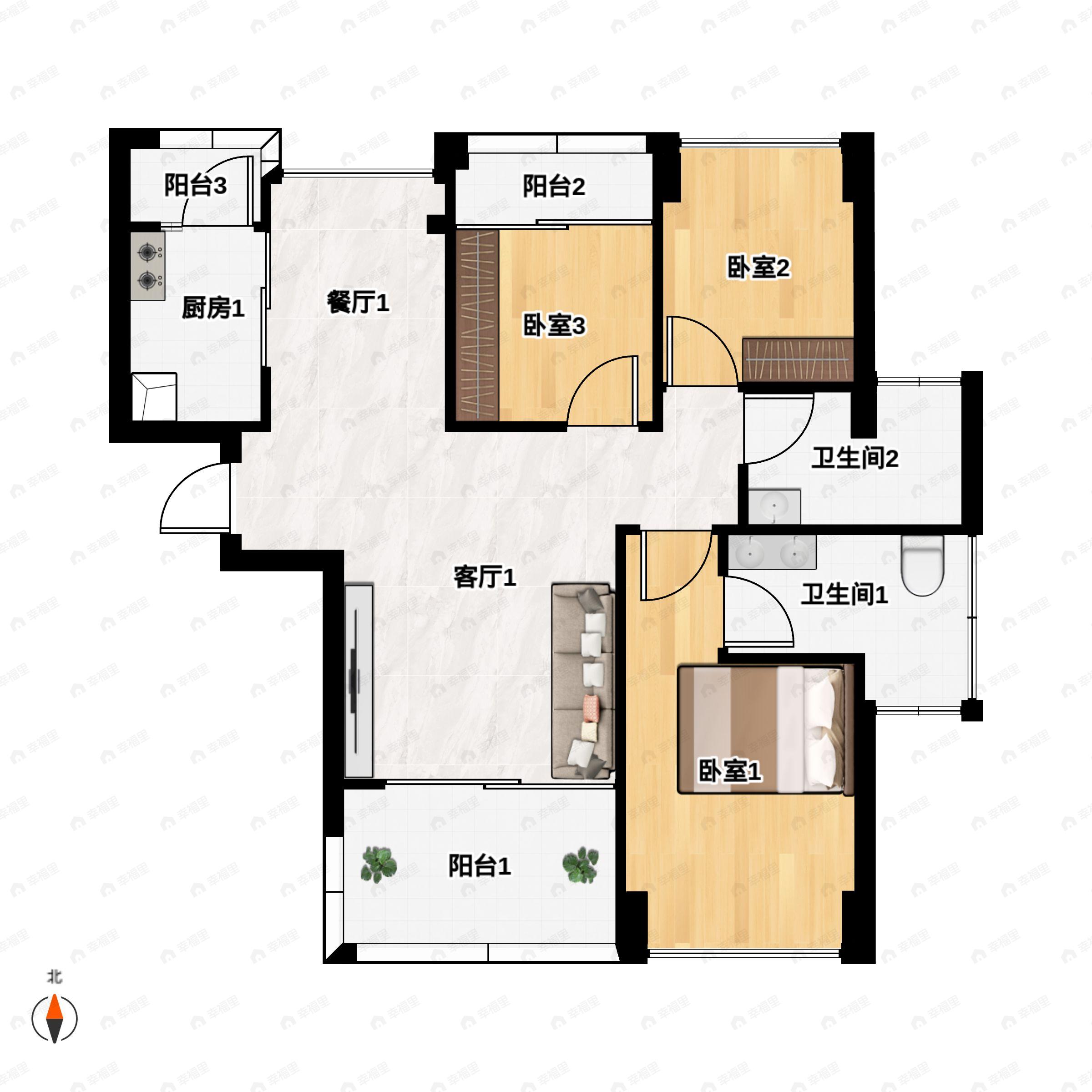 3室2厅2卫建面89平户型图
