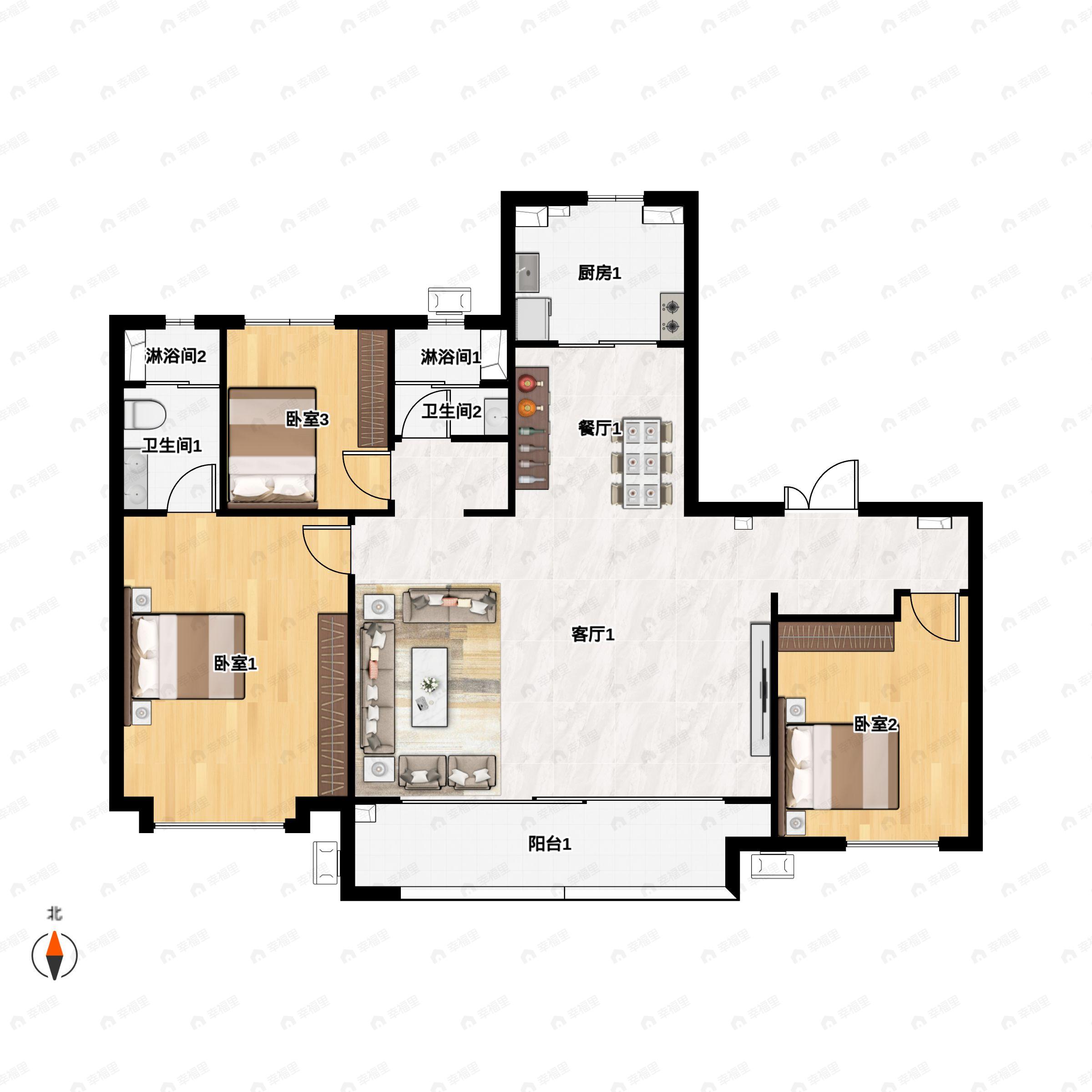 3室2厅2卫建面140平南|北户型图