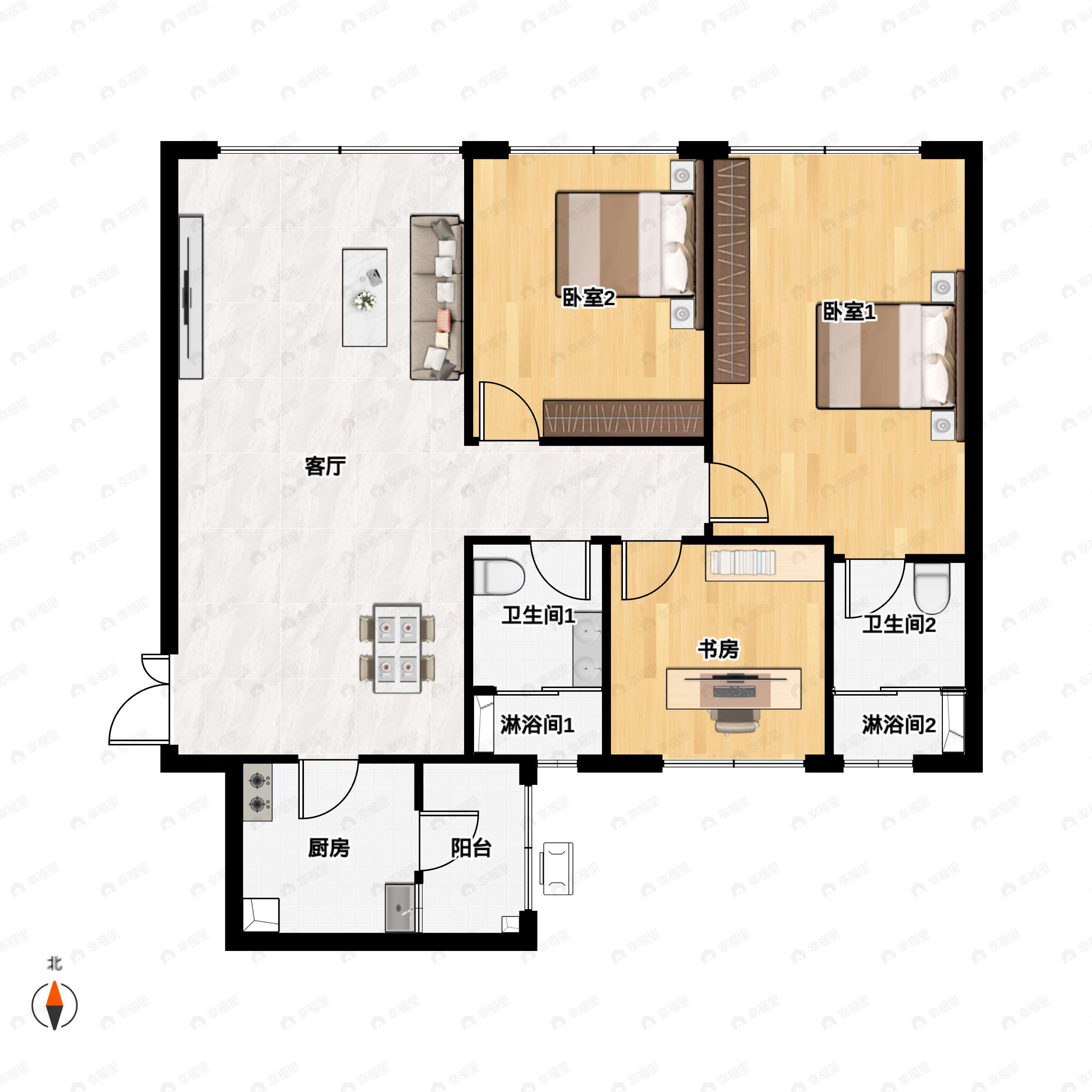 3室2厅2卫建面106平户型图