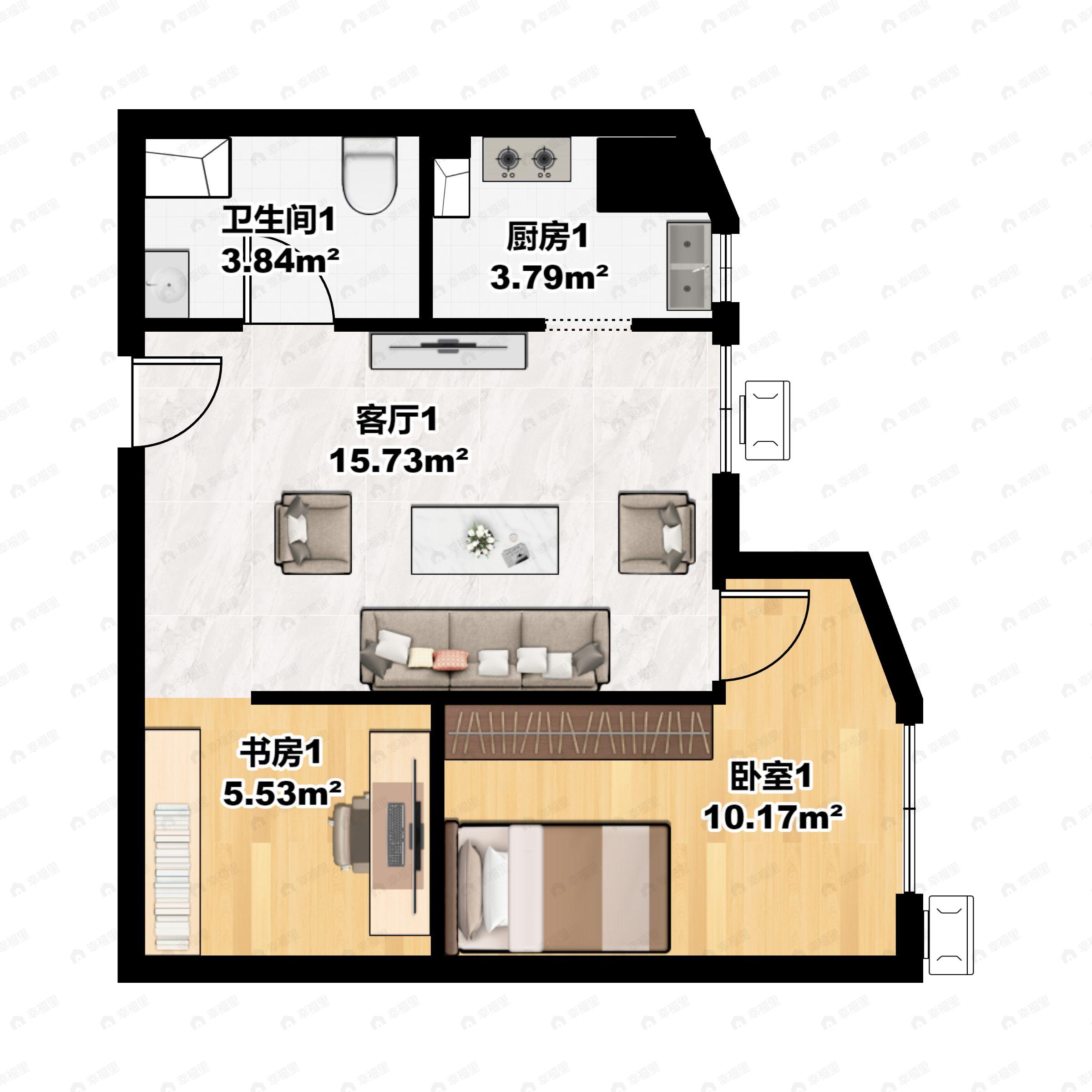 2室2厅1卫建面60平东户型图