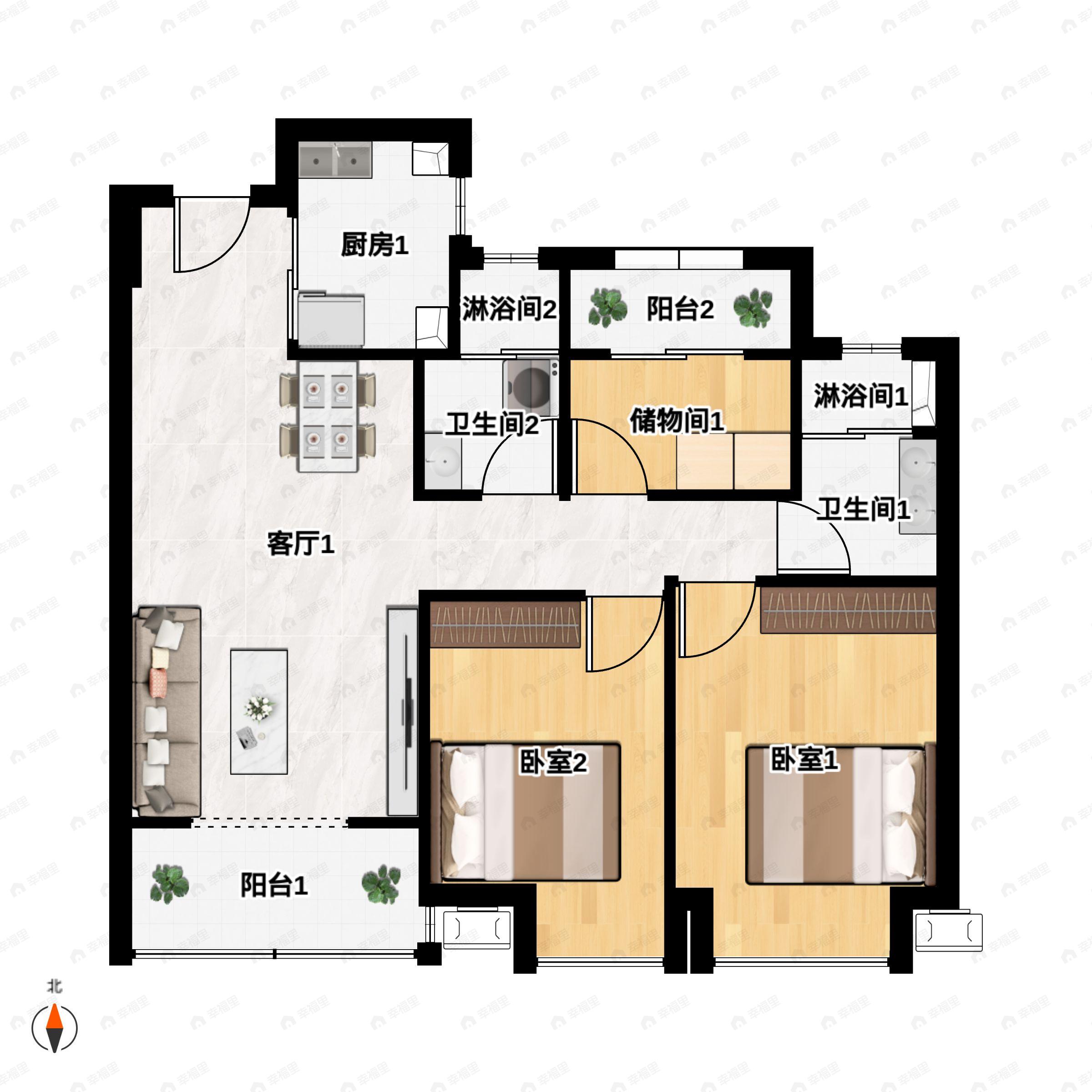 3室2厅2卫建面92平户型图