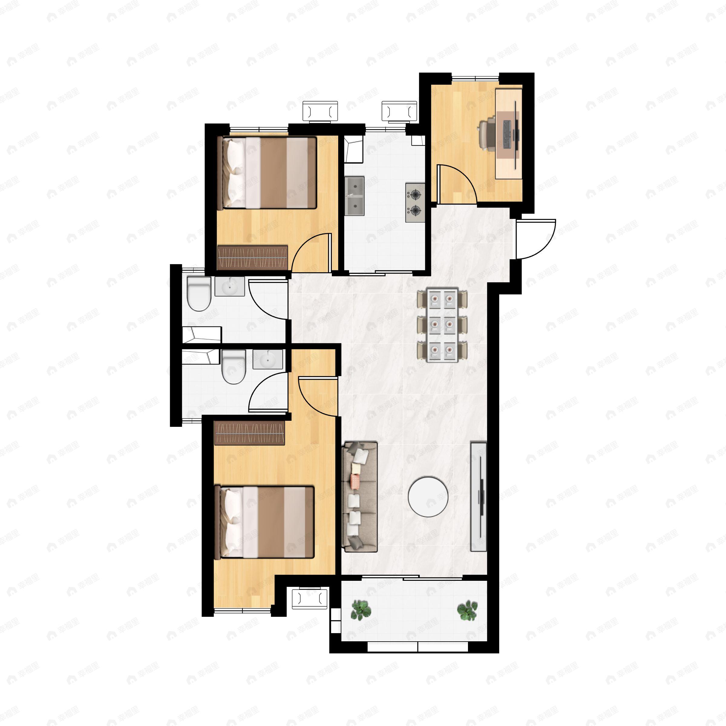 3室2厅2卫建面105m²南户型图