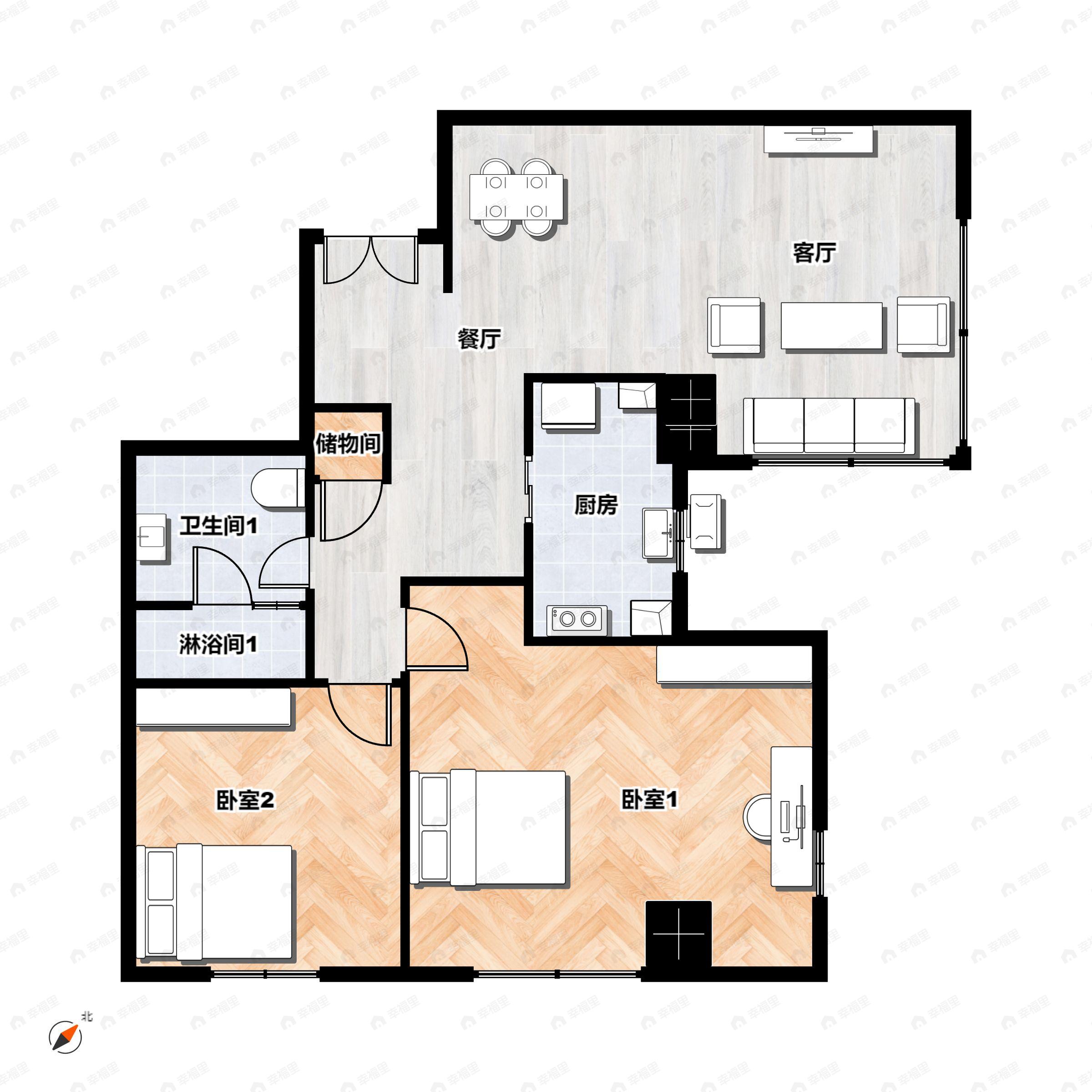 2室2厅1卫建面108平户型图