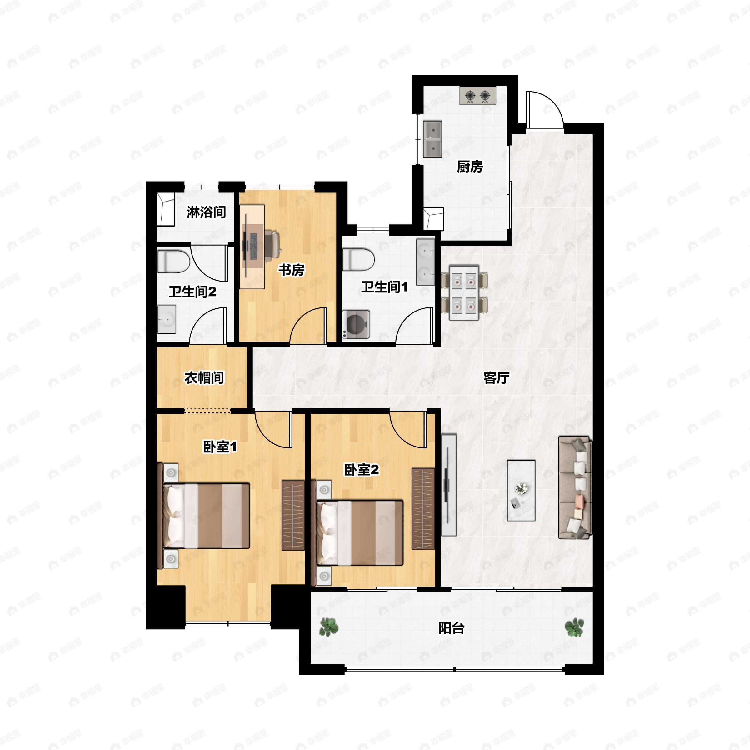 3室2厅2卫建面99m²南户型图