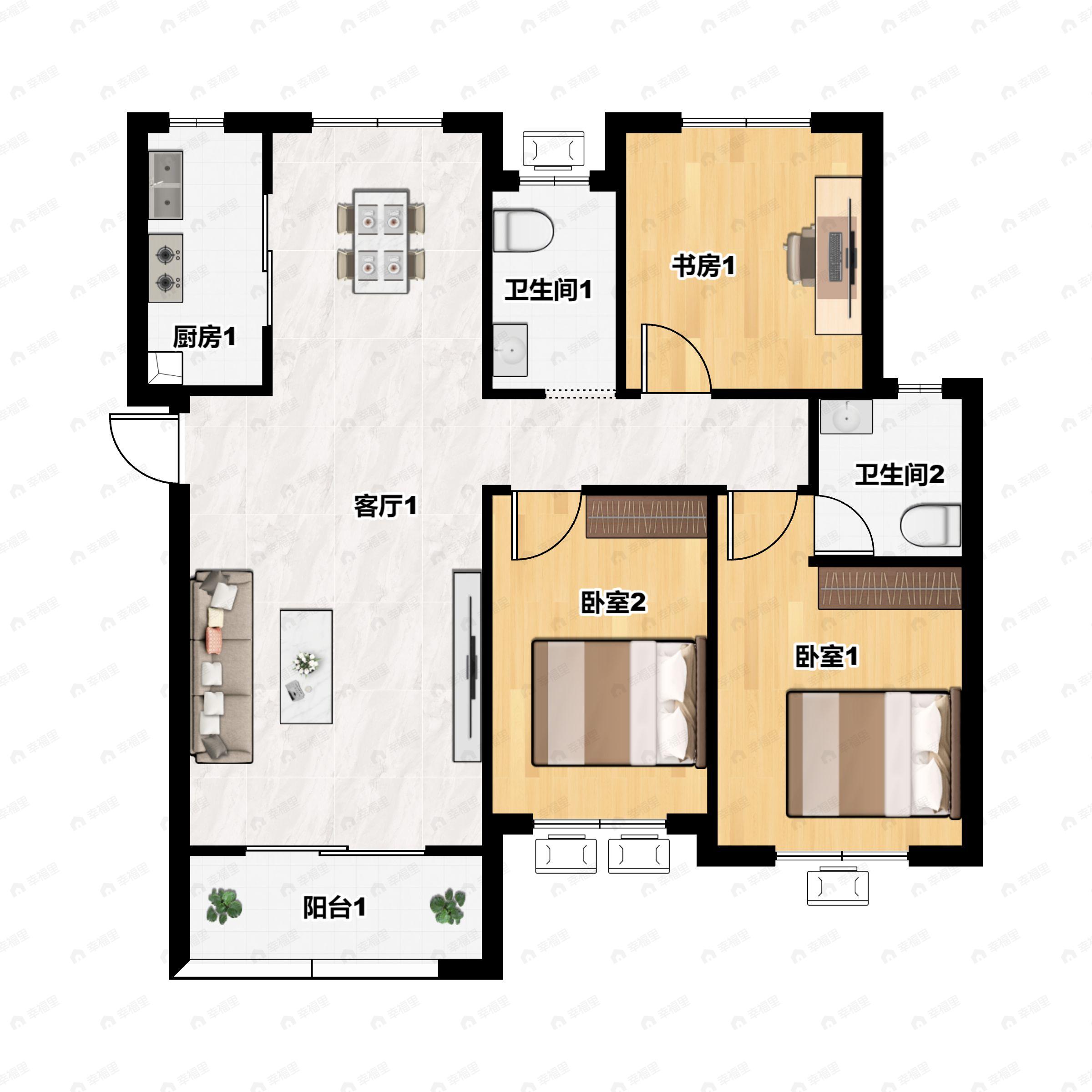 3室2厅2卫建面136平南|北户型图