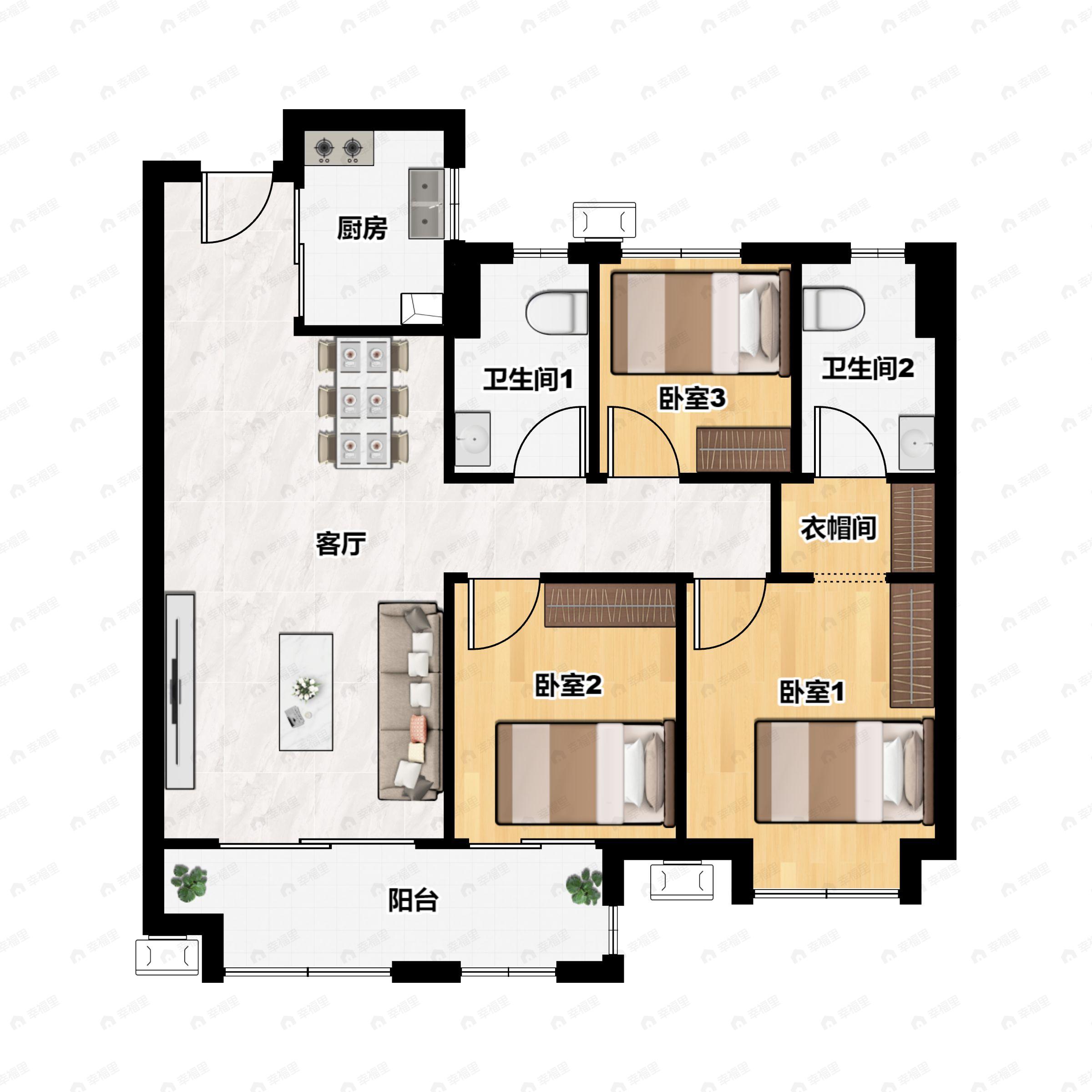 3室2厅2卫建面104平户型图