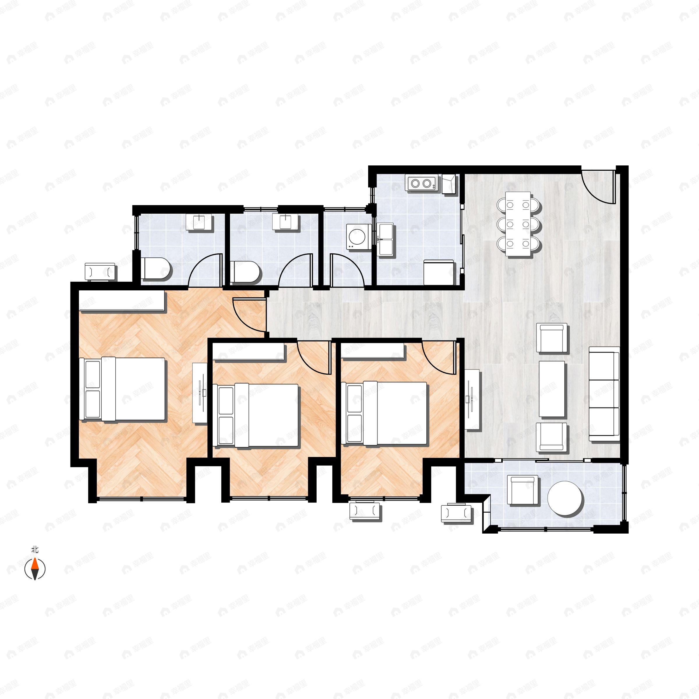 3室2厅2卫建面81平南户型图