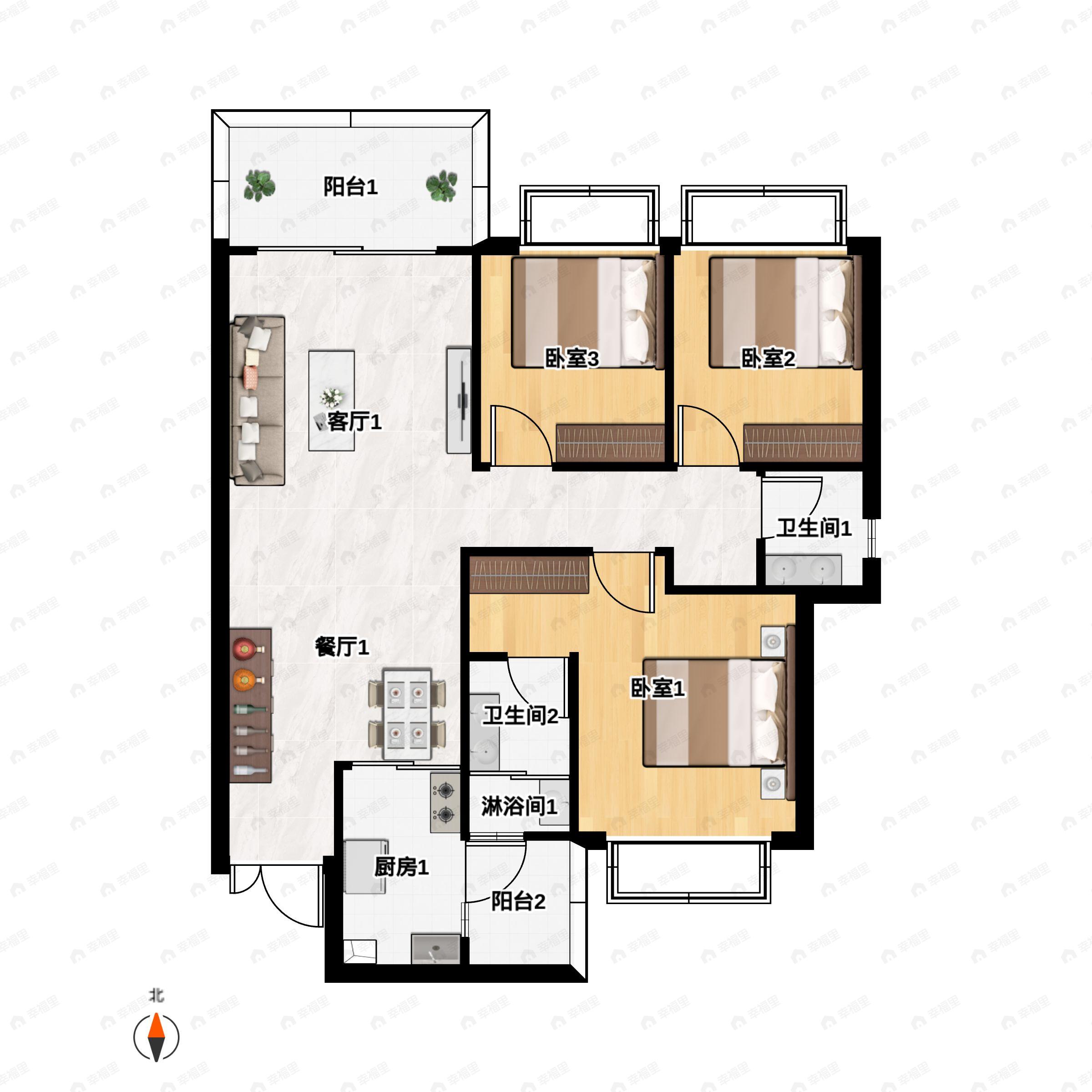 3室2厅2卫建面119m²北户型图