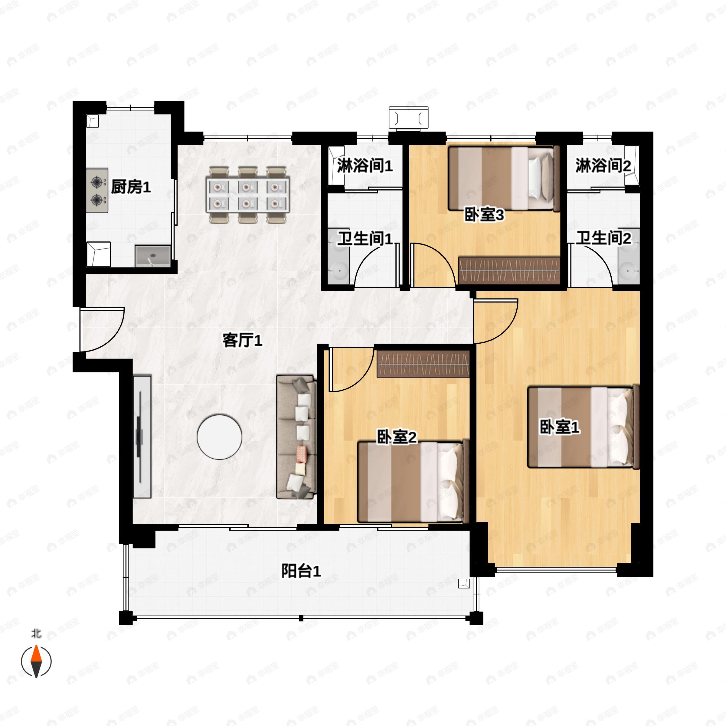 3室2厅2卫建面123平户型图