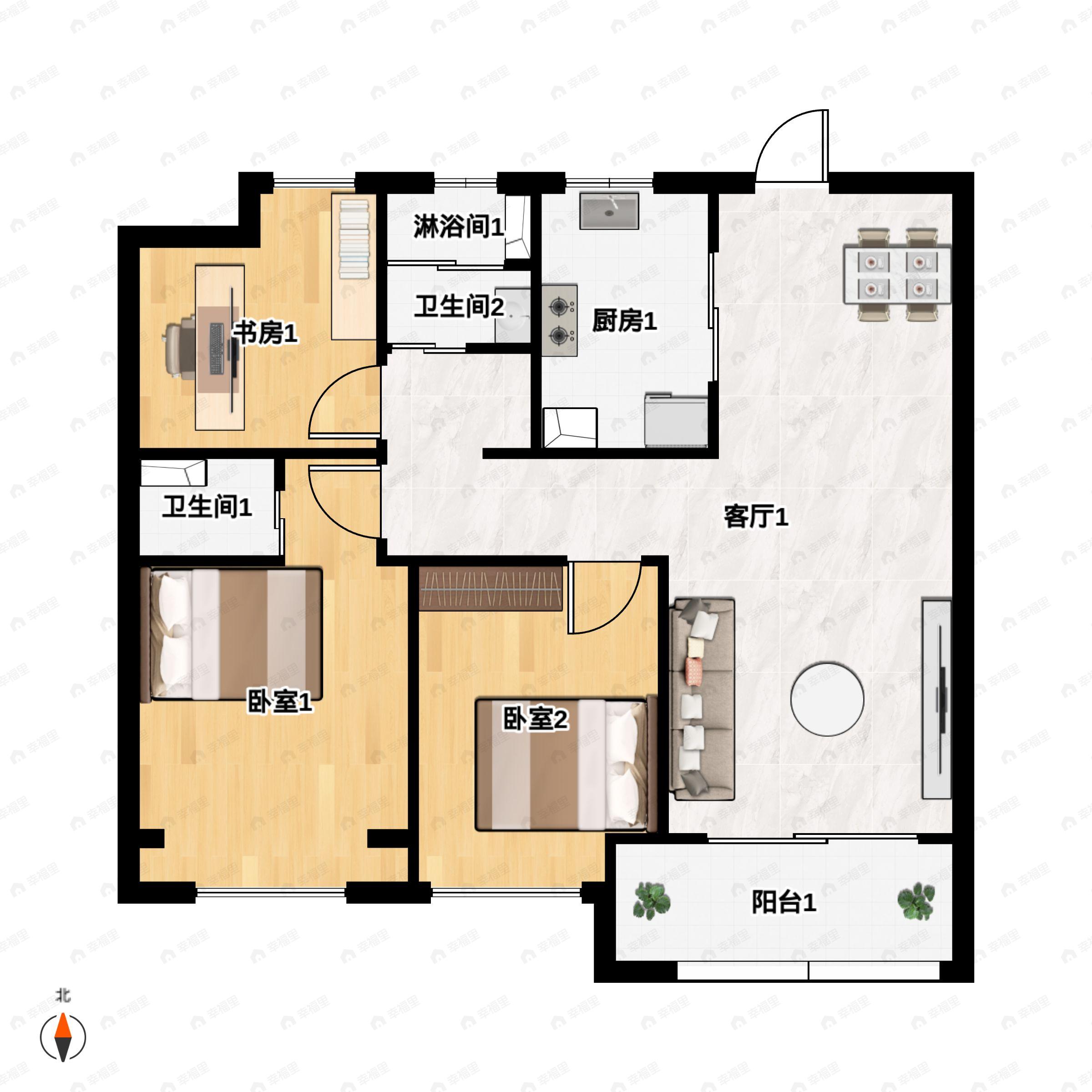 3室2厅2卫建面89平户型图