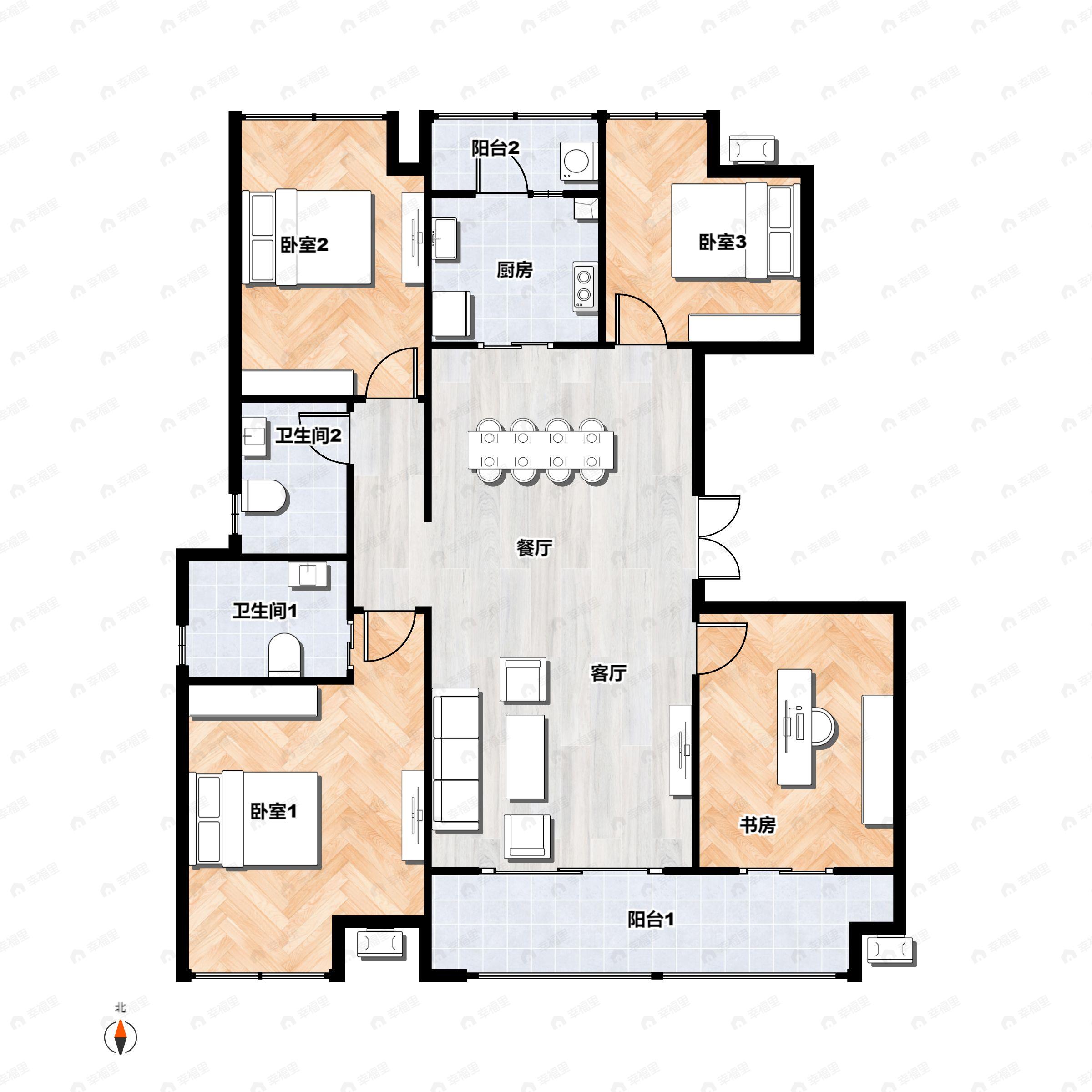4室2厅2卫建面119平西北|东南户型图