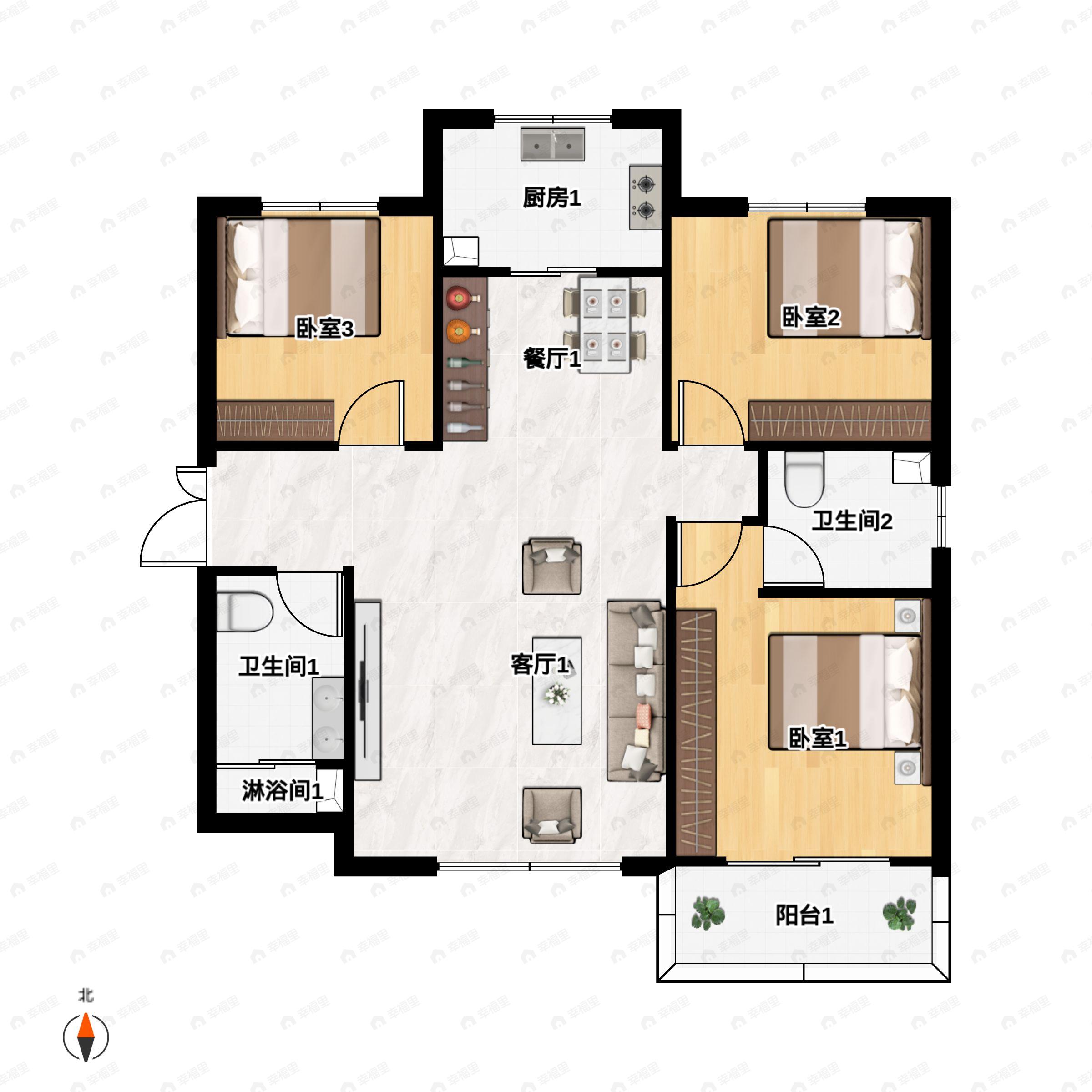 3室2厅2卫建面134平东南户型图
