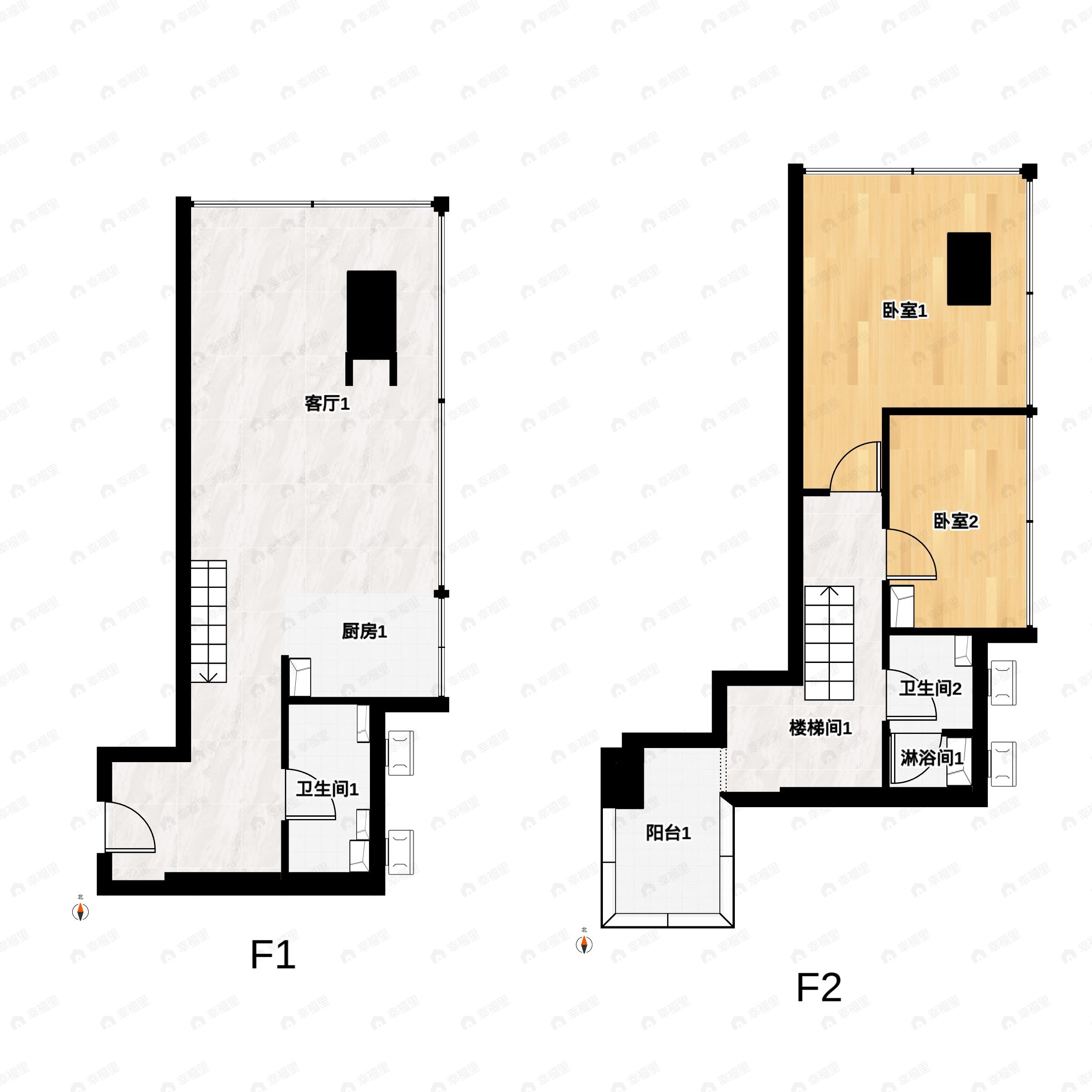 2室1厅2卫建面71平户型图