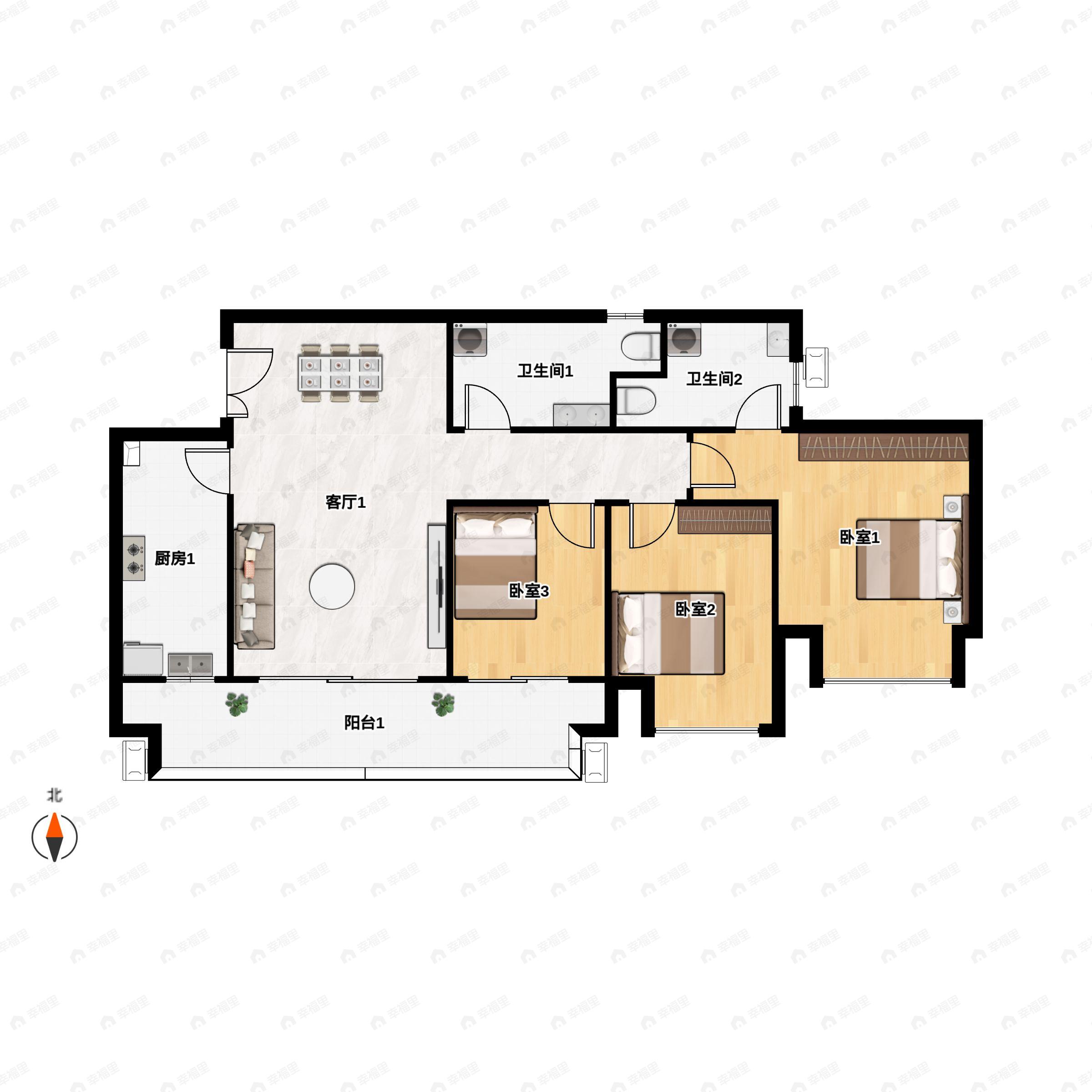 3室2厅2卫建面87m²南户型图