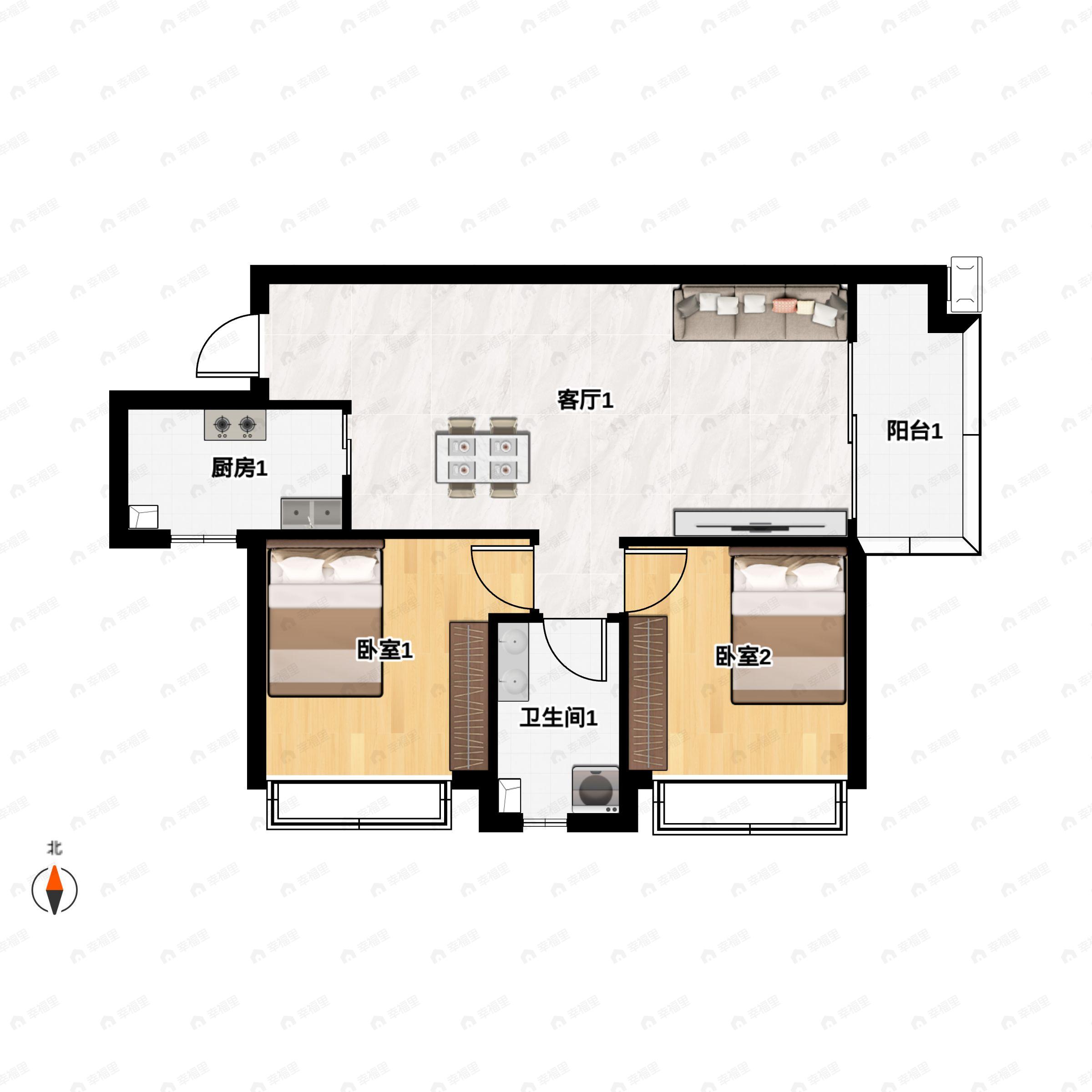 2室2厅1卫建面75平东户型图