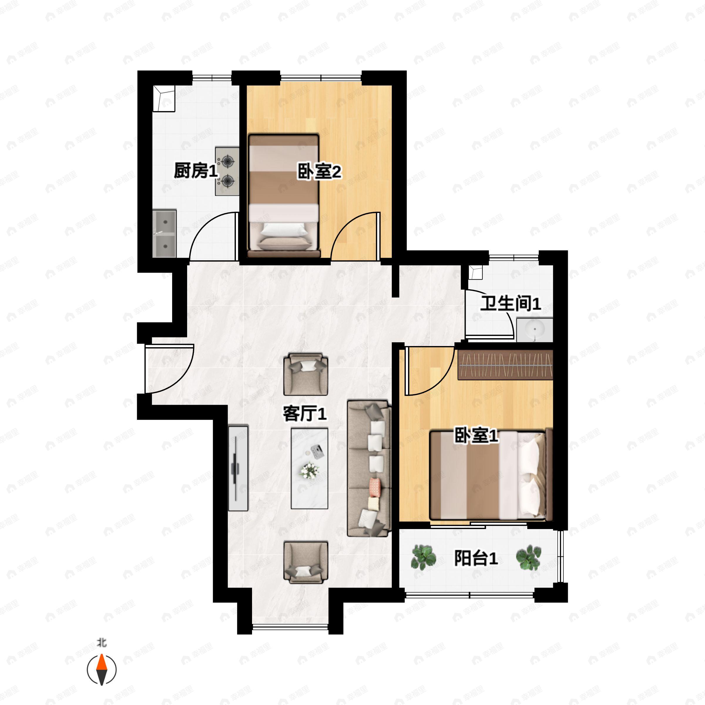 2室2厅1卫建面82m²北|南户型图