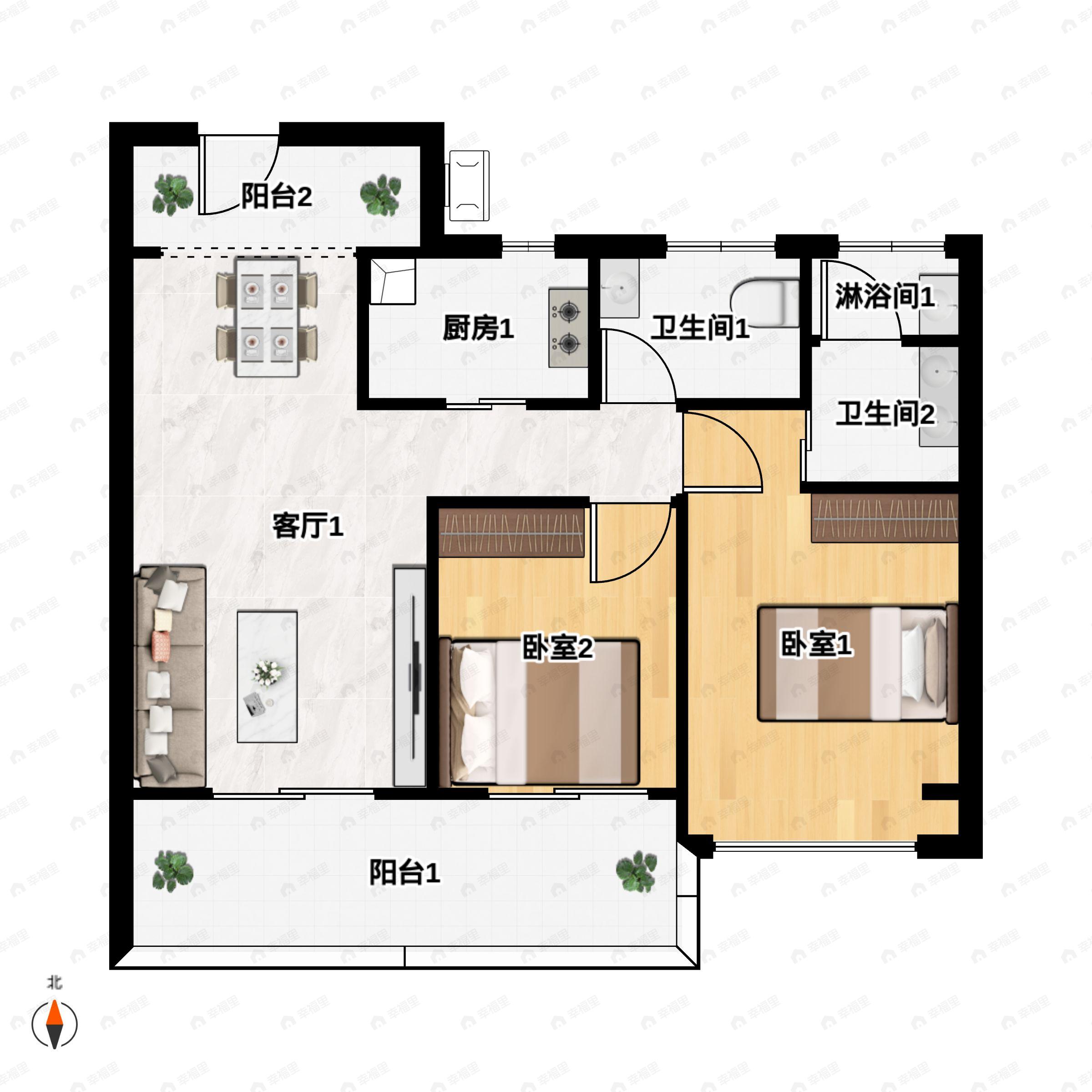 2室2厅2卫建面84m²南户型图