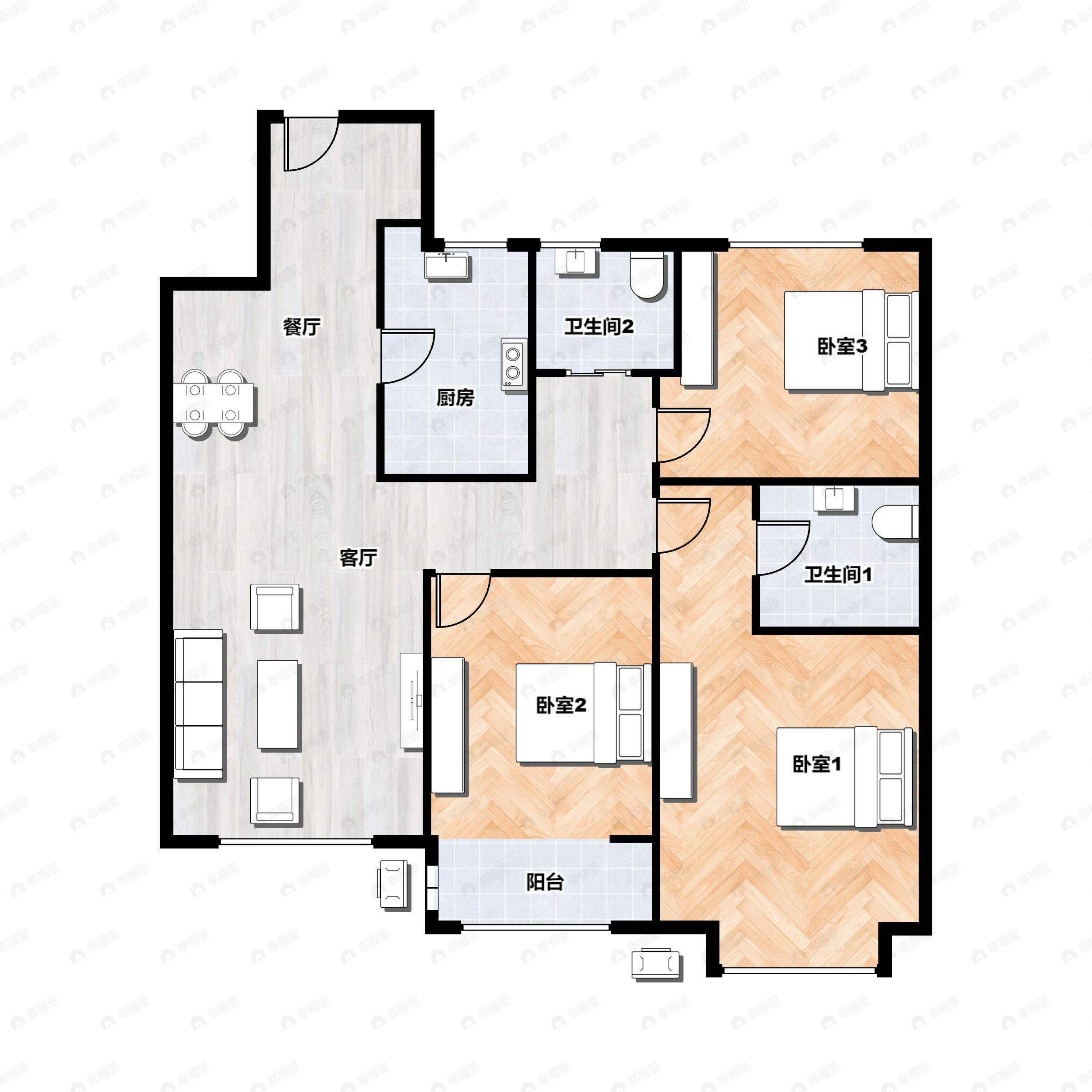 3室2厅2卫建面105平南|北户型图