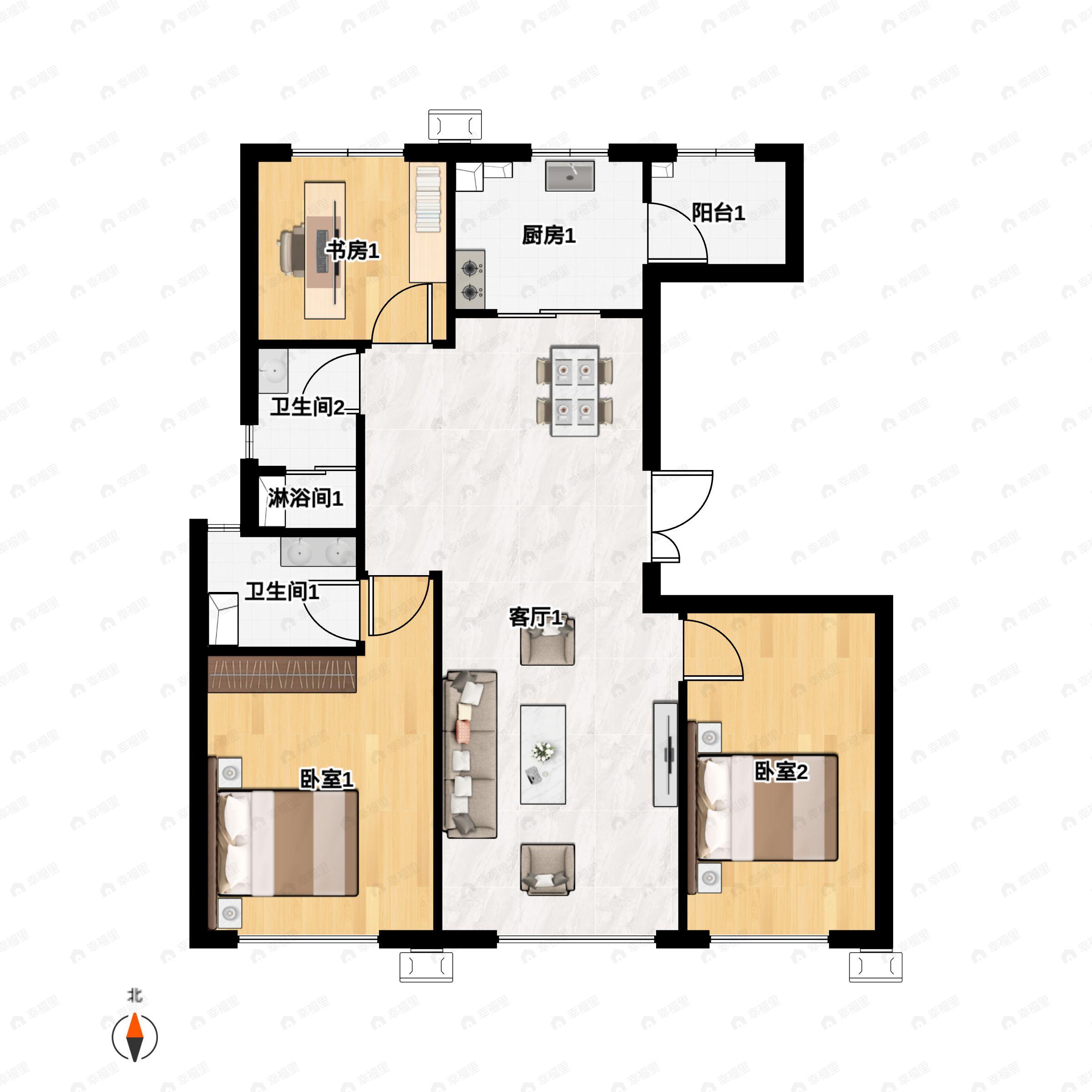 3室2厅2卫建面117m²北|南户型图