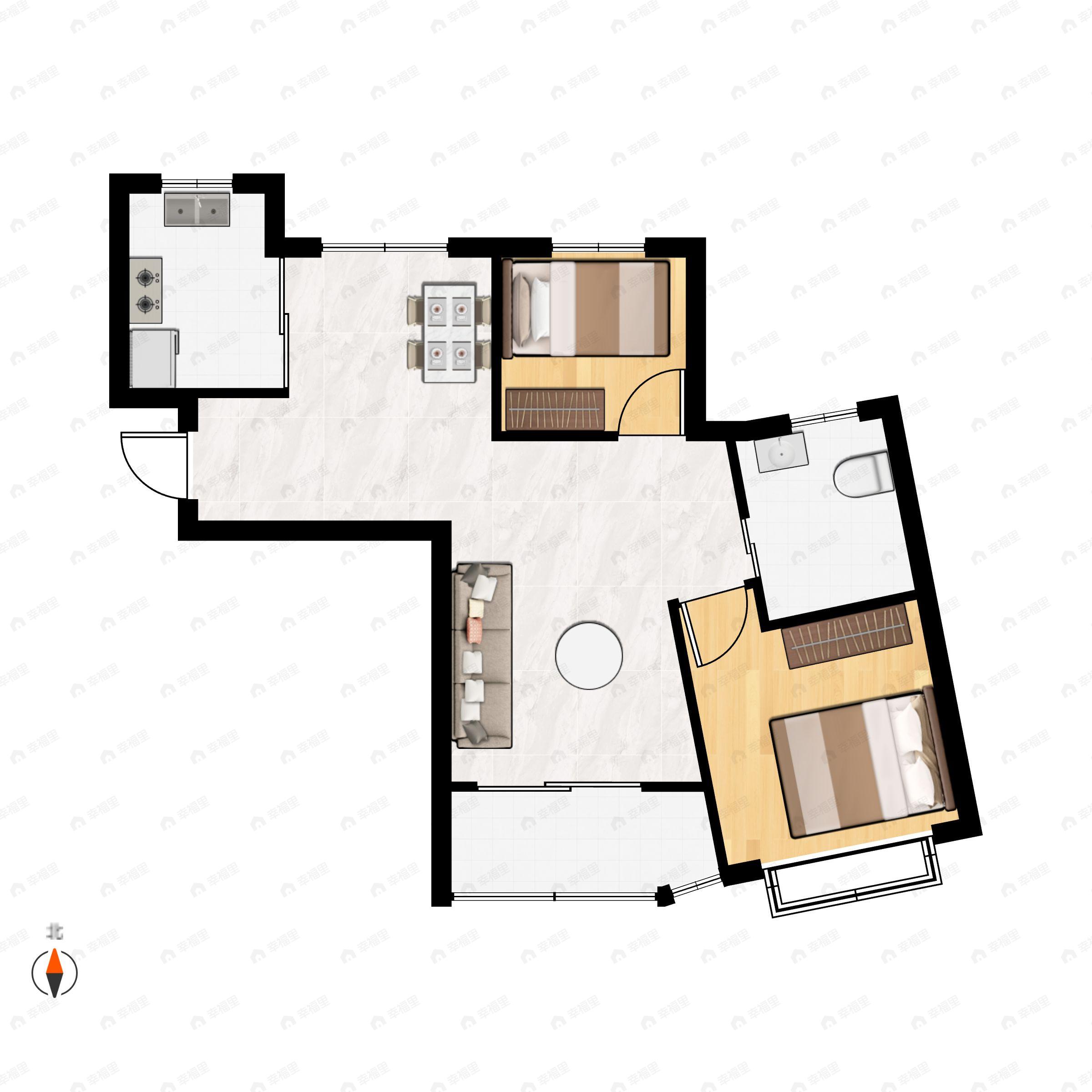 2室2厅1卫建面86m²南户型图