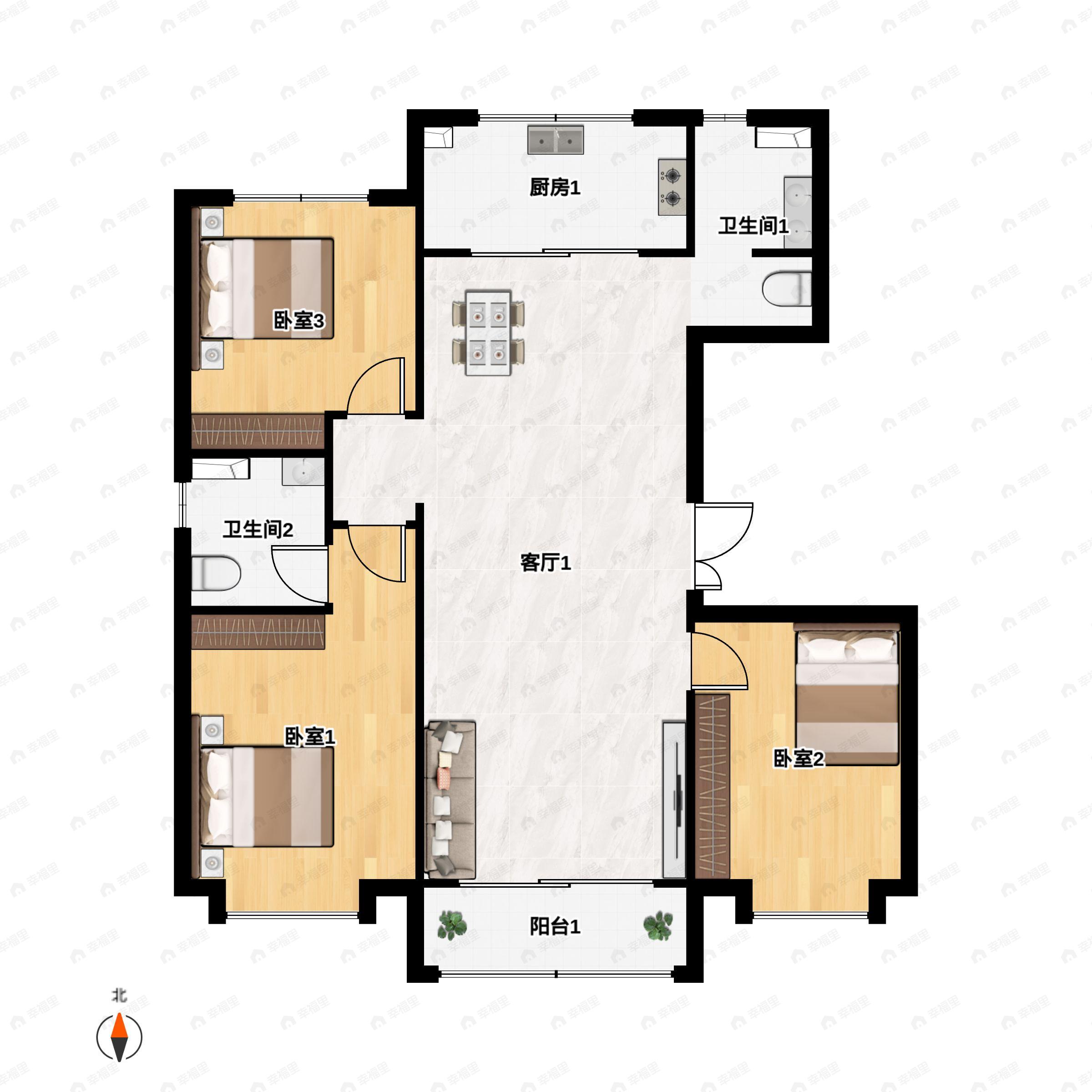 3室2厅2卫建面142m²南|北户型图