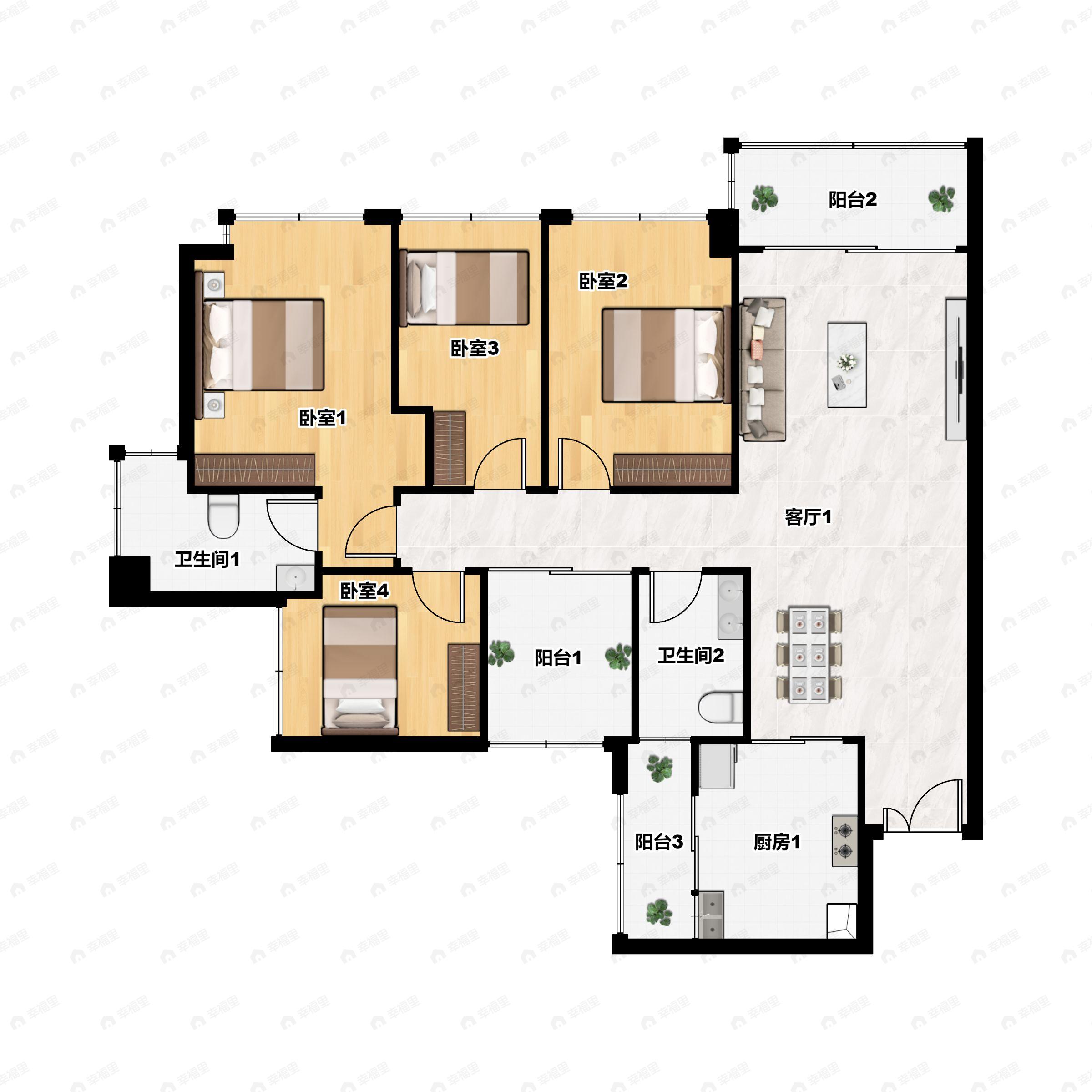 4室2厅2卫建面122m²东北户型图