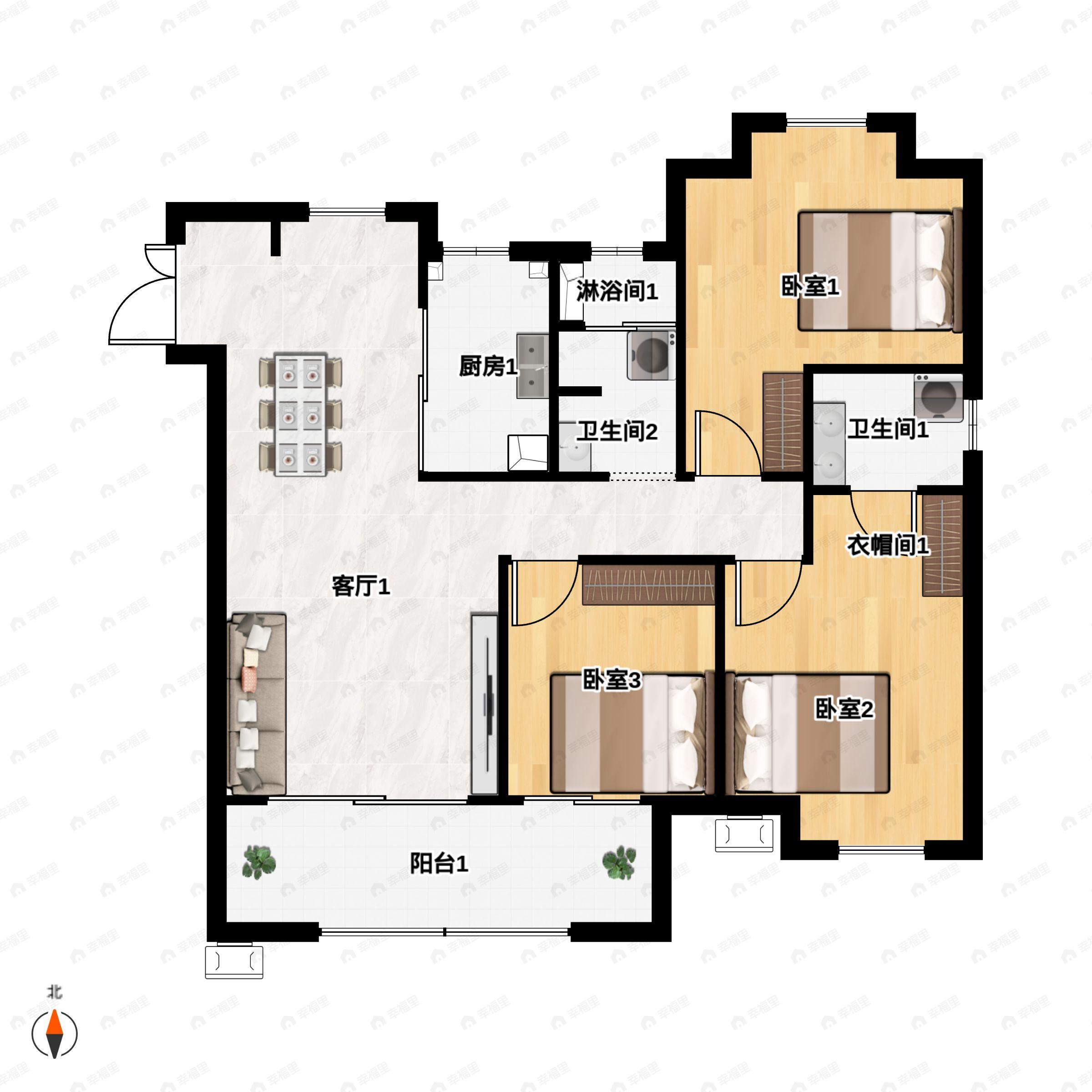 3室2厅2卫建面118m²户型图