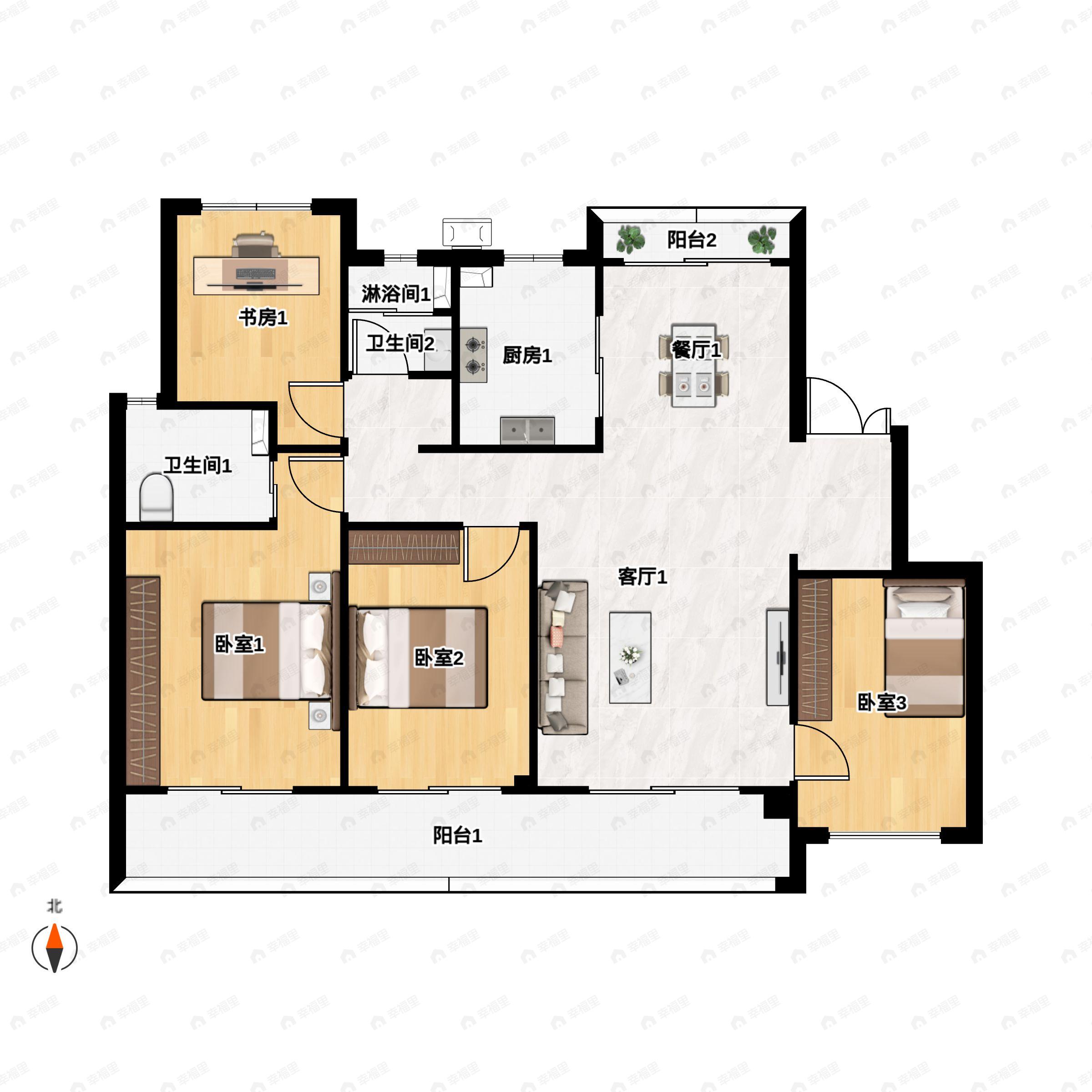 4室2厅2卫建面132平南户型图