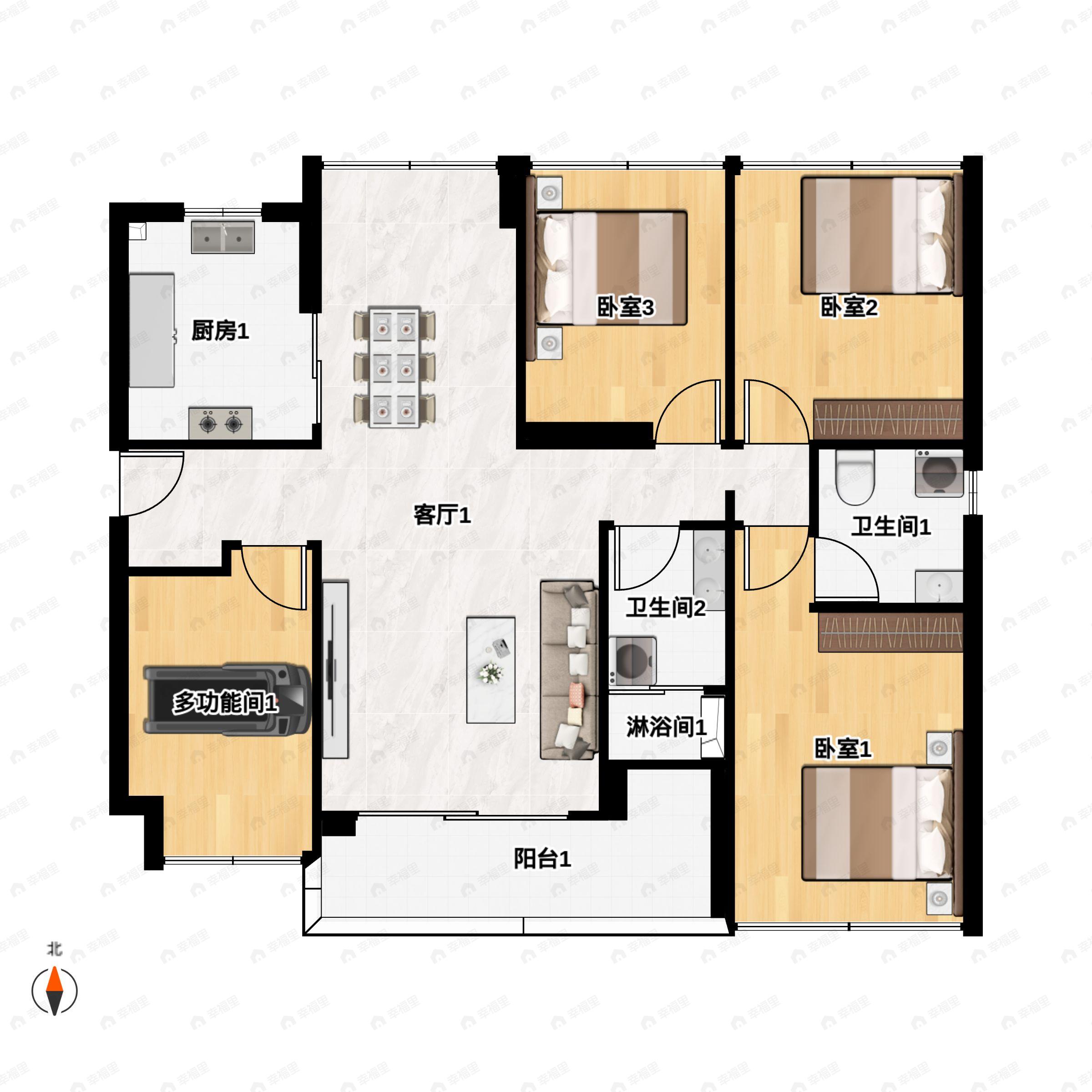 4室2厅2卫建面127平南户型图