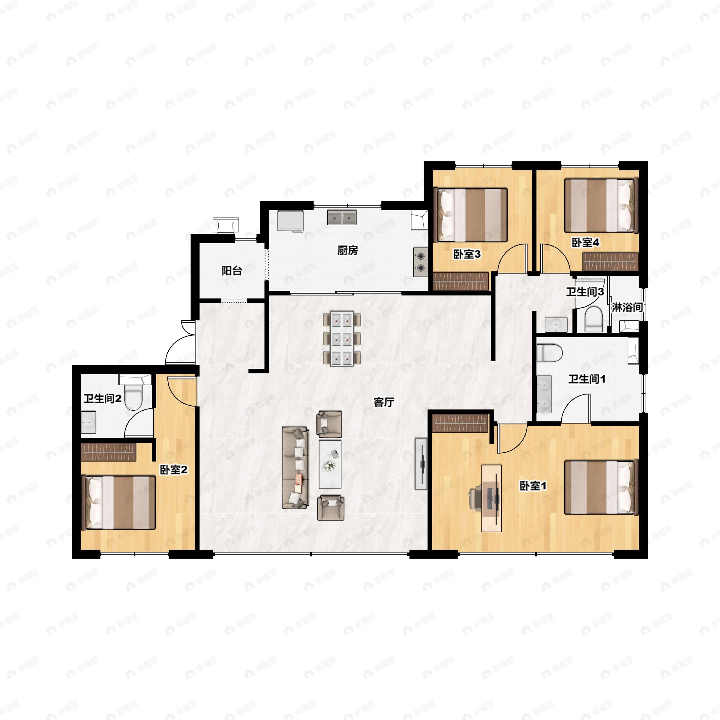 4室2厅3卫建面215平南|北户型图