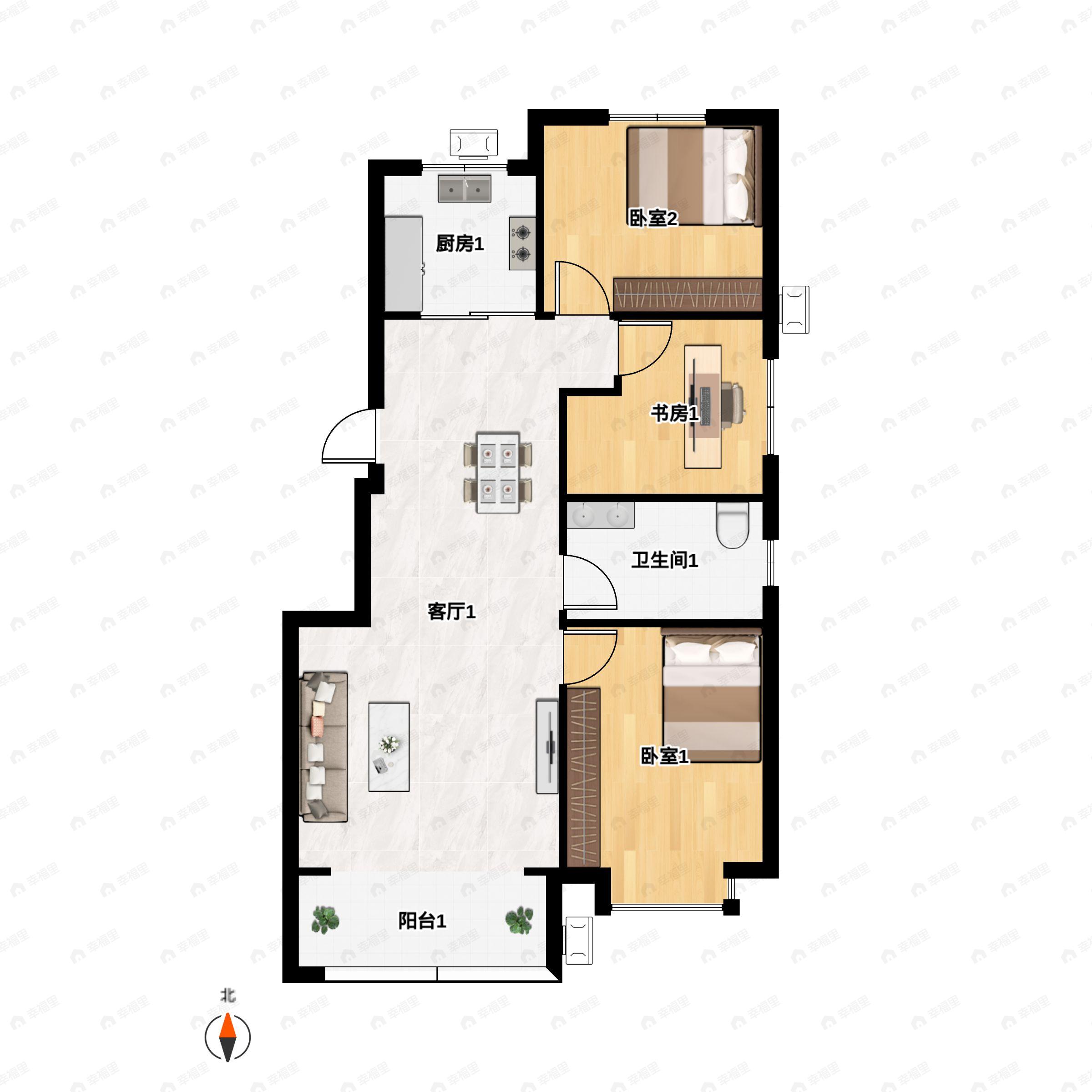 3室2厅1卫建面97平北|南|东户型图