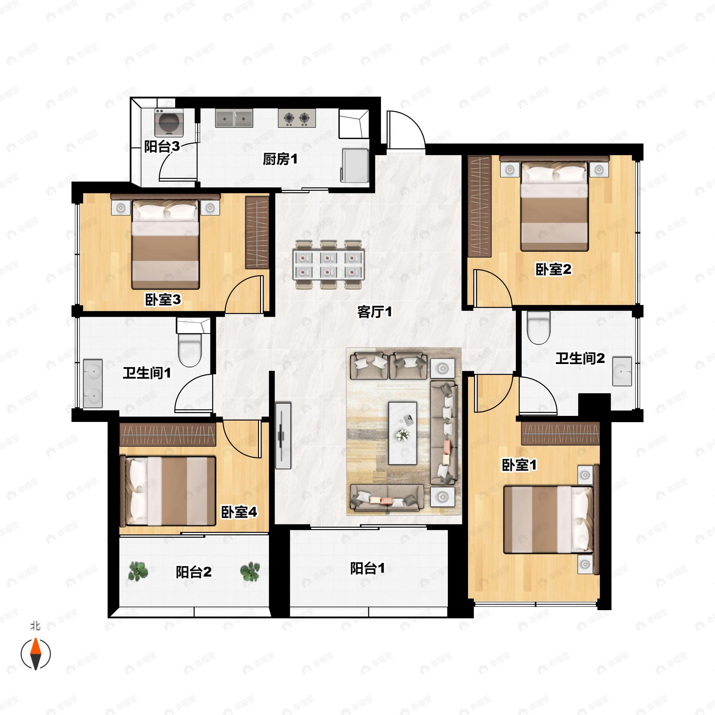 4室2厅2卫建面126m²南户型图