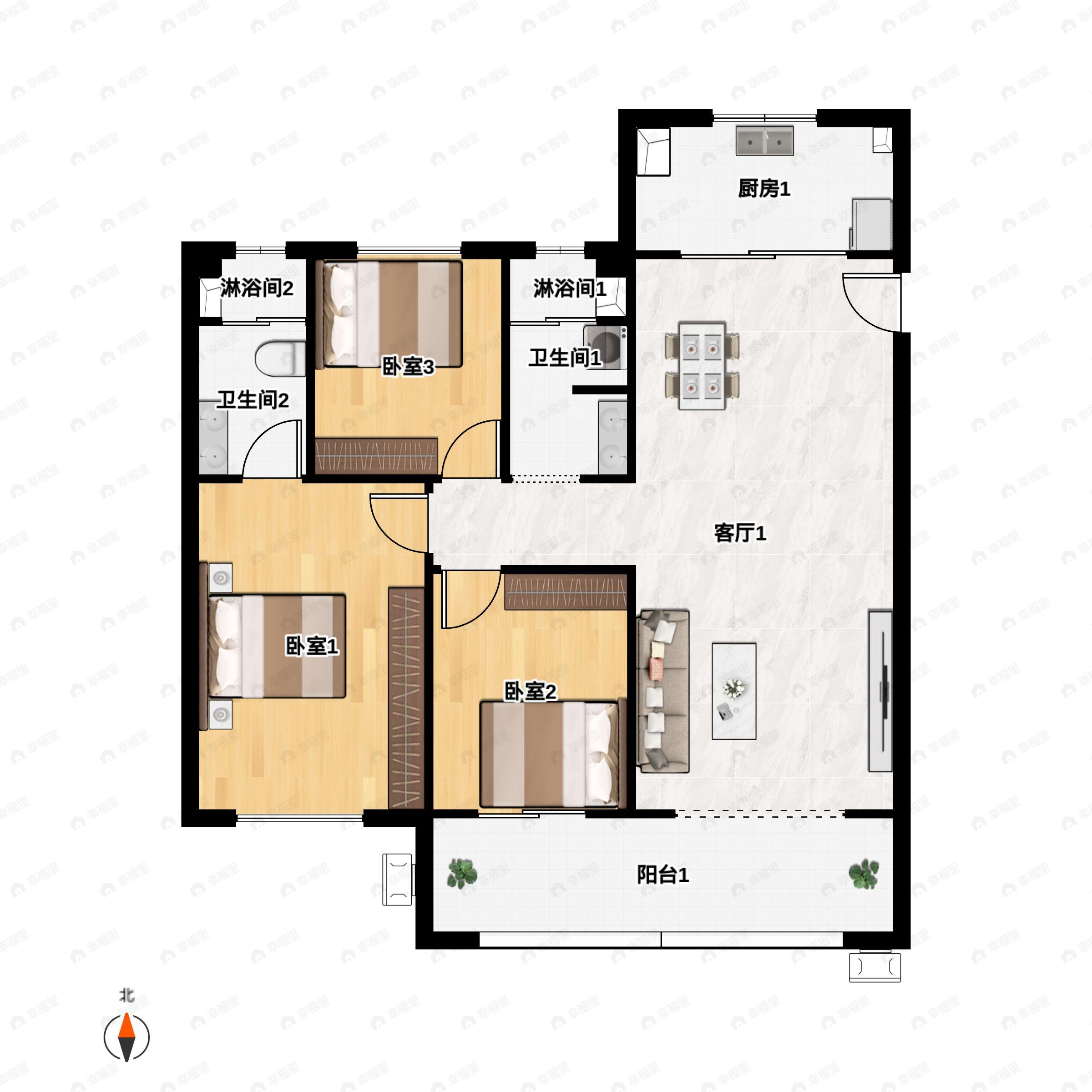 3室2厅2卫建面122m²北户型图