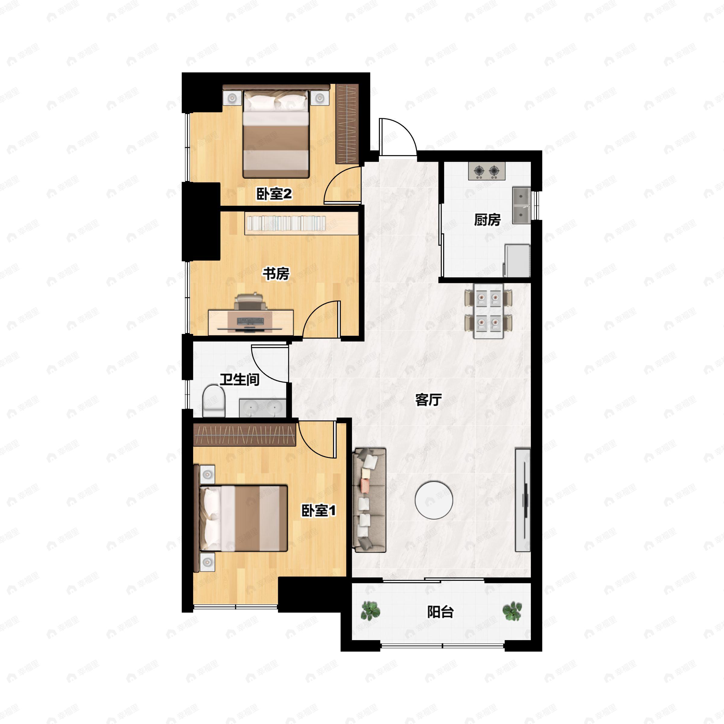 3室2厅1卫建面91平南|北户型图