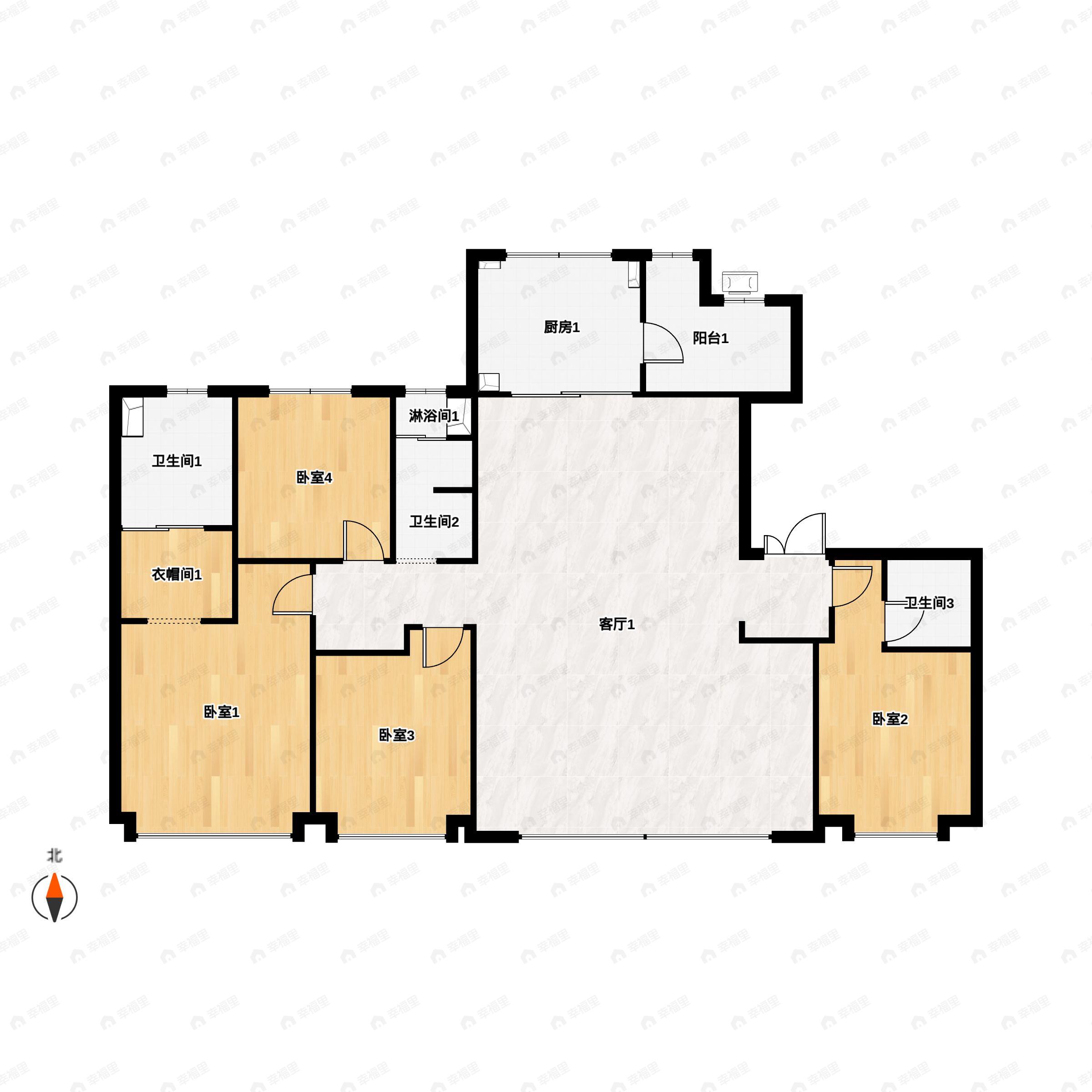 4室2厅3卫建面222平北|南户型图