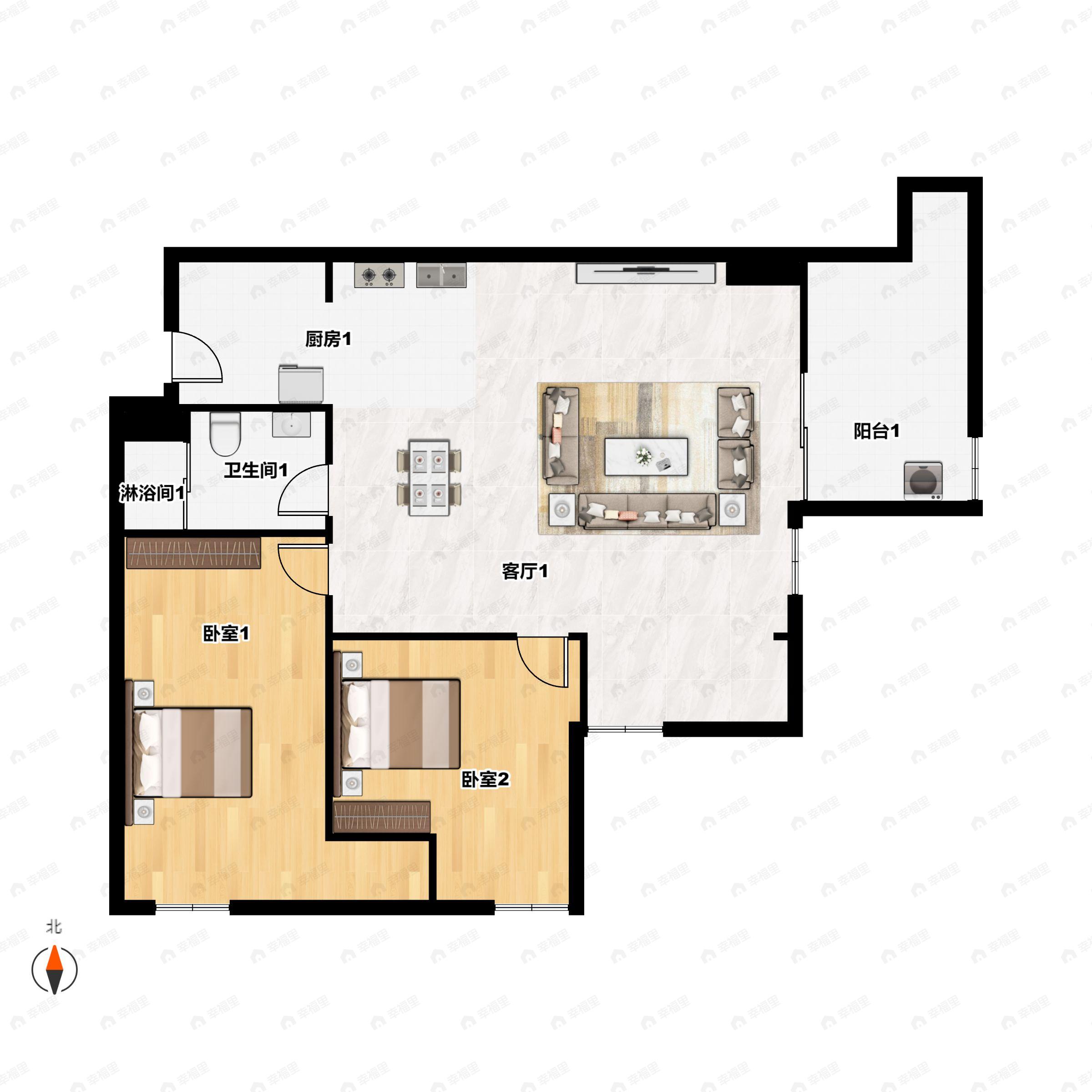1室2厅1卫建面125m²北|西|东|南户型图