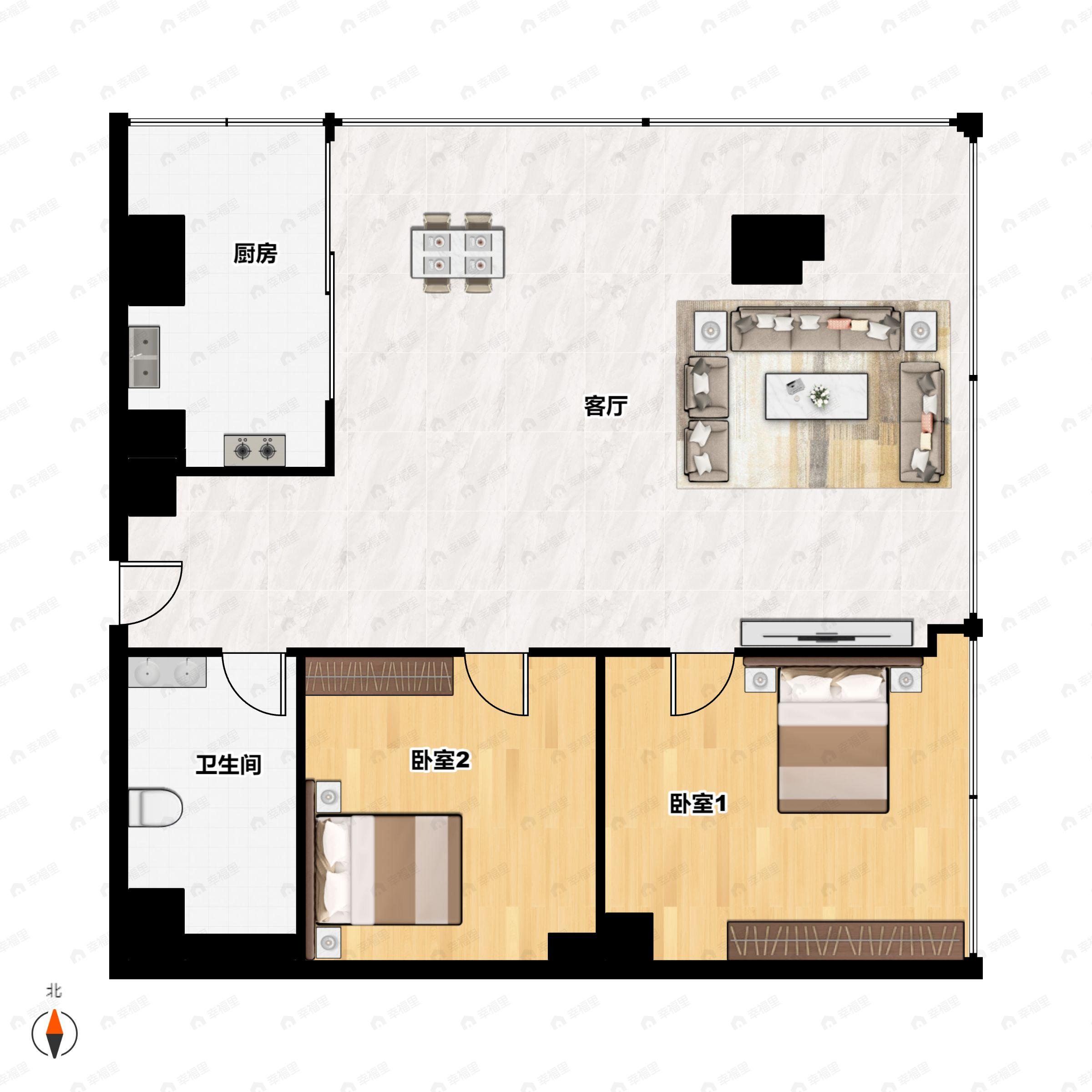 2室1厅1卫建面140m²西南|东北户型图