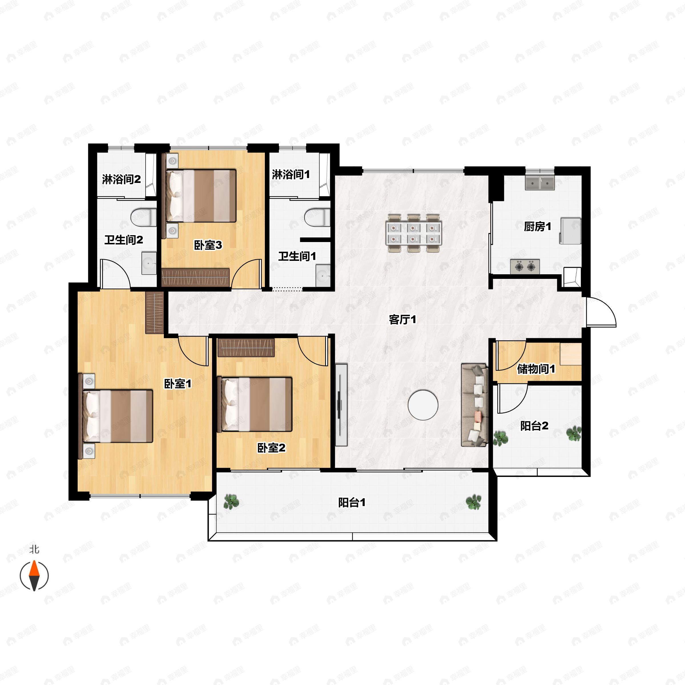 4室2厅2卫建面124平南户型图
