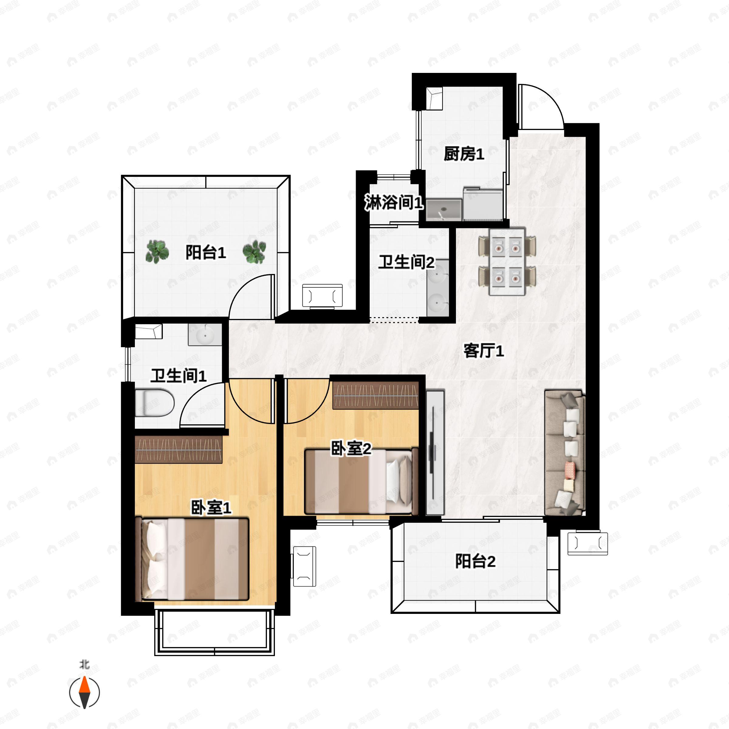 2室2厅2卫建面80平南|北户型图